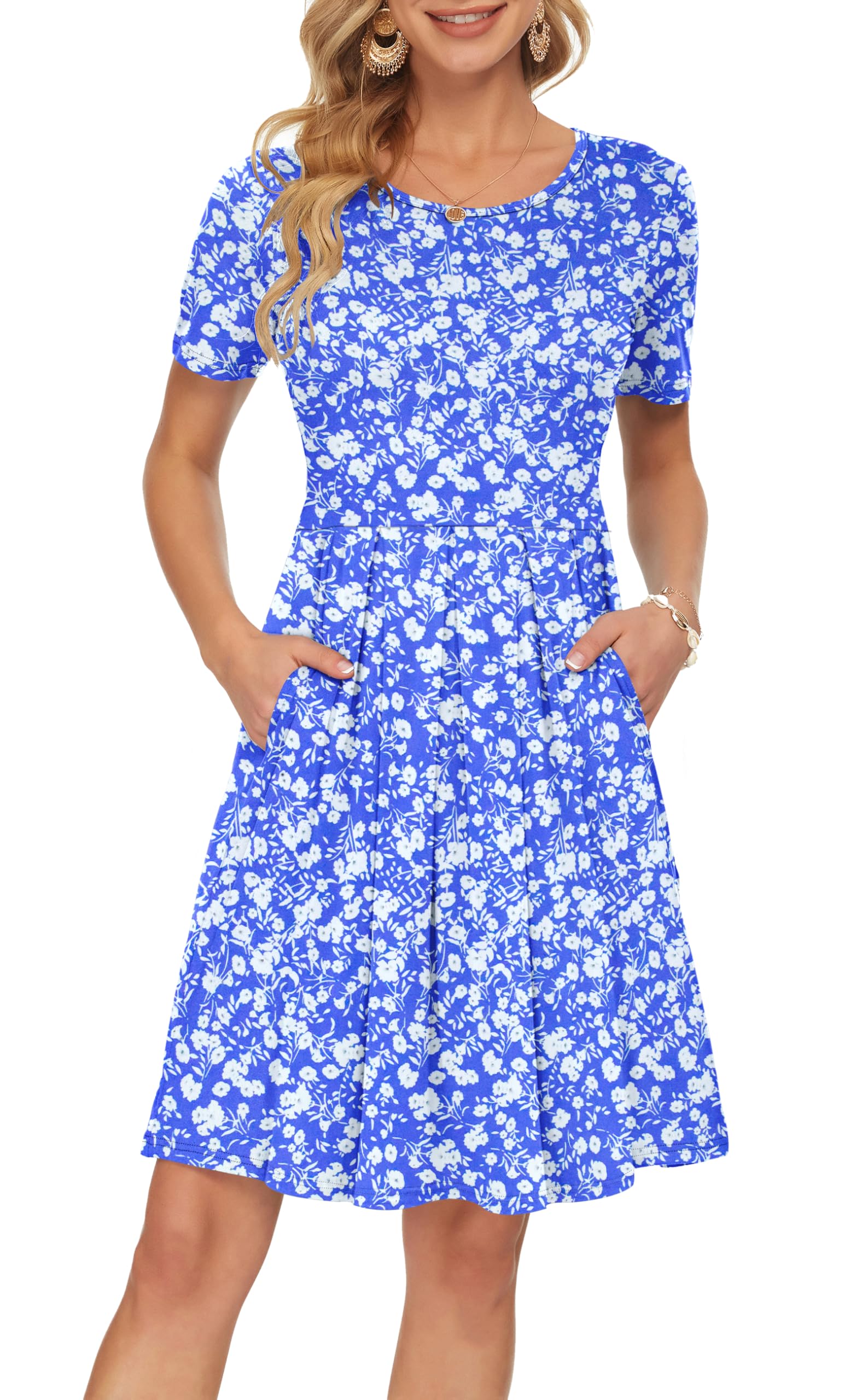 Auselily Women's Blue Flowers Summer Dress Casual Bodycon Short Sleeve Pleated Loose Swing Casual Dress With Pockets Knee Length L