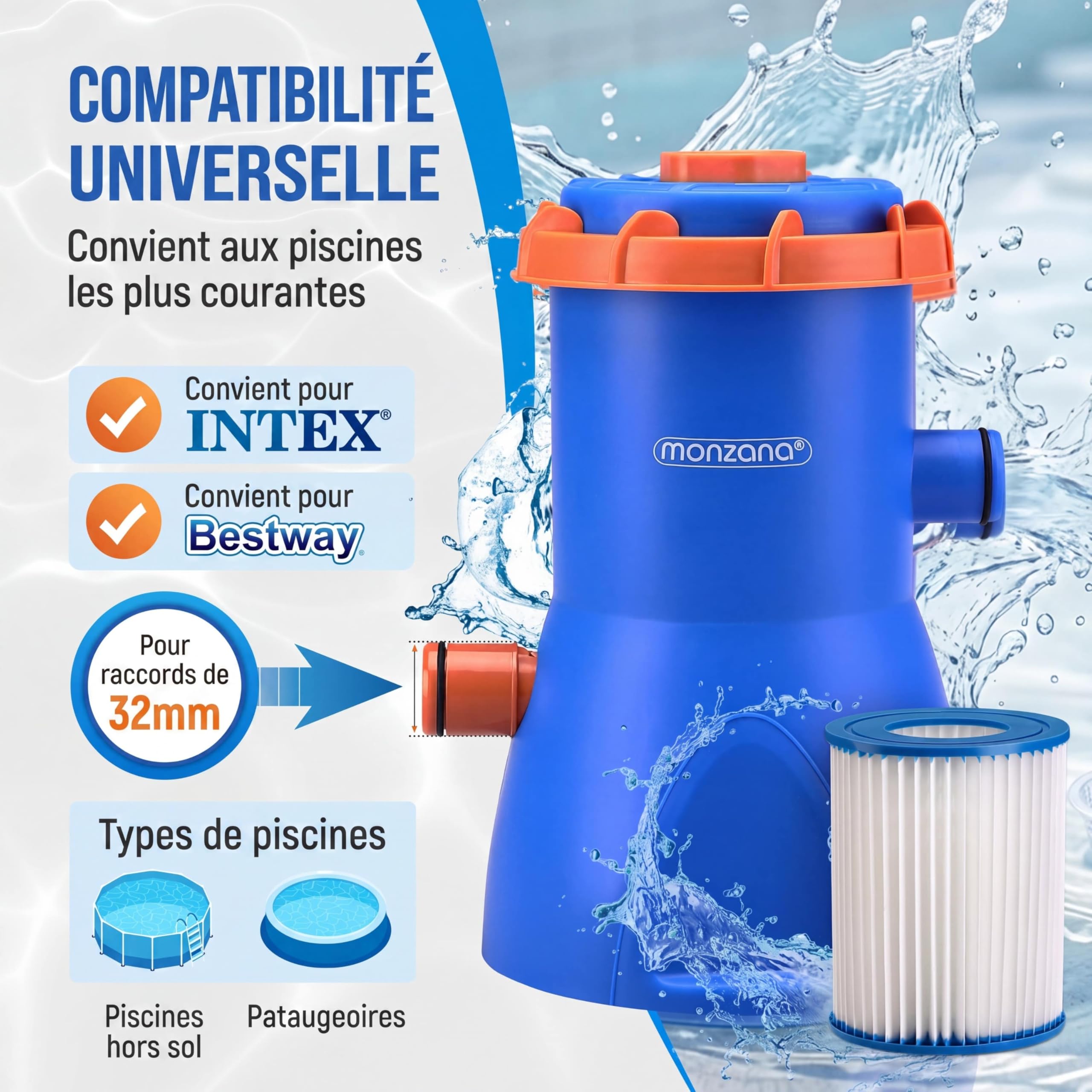 Monzana Pompe de Filtration pour Piscine MZP90 3.800 l/h Puissance 90W Cartouche de Filtration filtrante tuyaux Pompe Piscine Eau