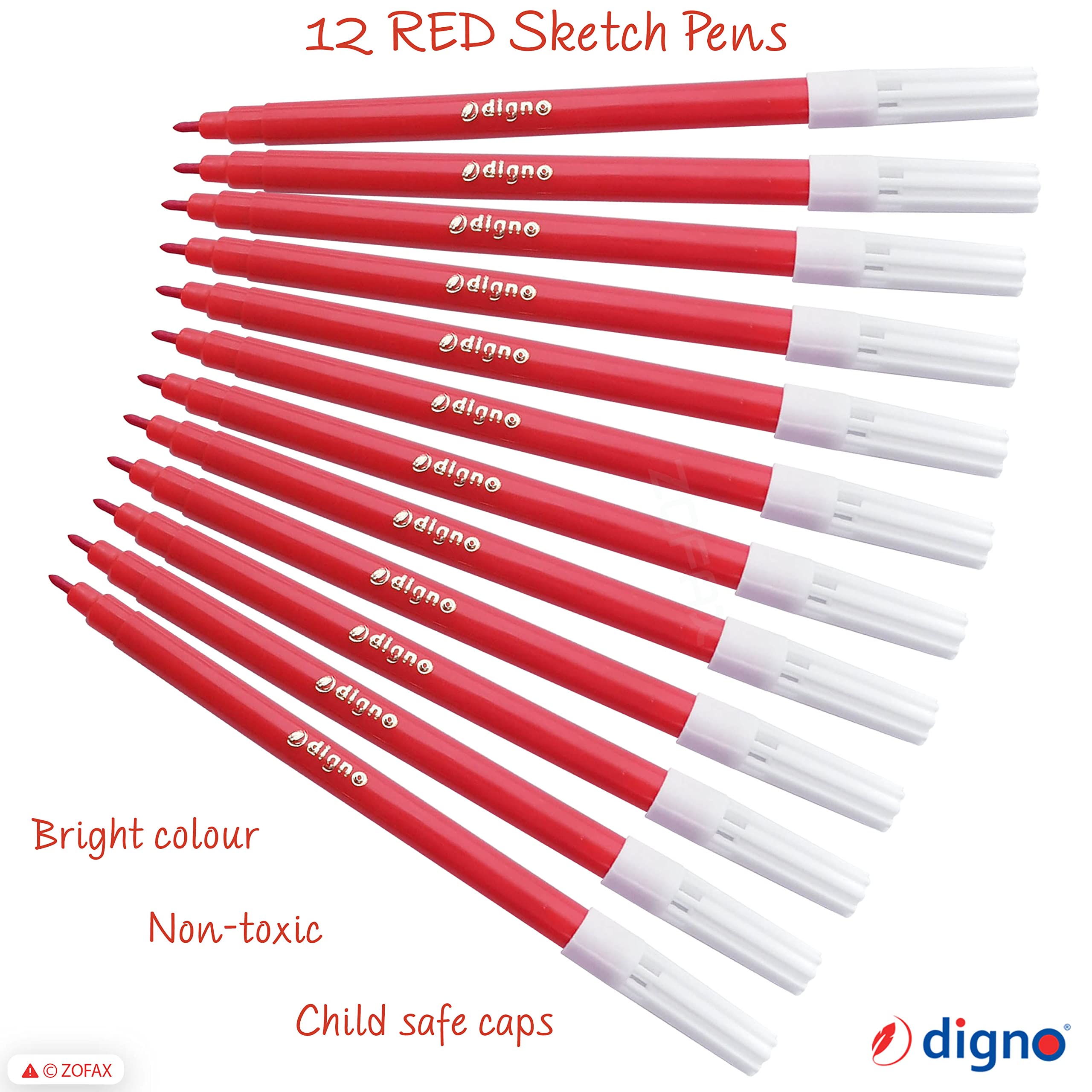DIGNO SketchStic Felt Tip Pens, RED, Pack of 12, Fibre Felt Tip Colour Pens, Write Draw Sketch Mark - Image 3