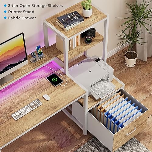 Miniatura 14 de GreenForest Escritorio de oficina con tomas de corriente y estante para impresora, escritorio de computadora de 59 pulgadas con LED y cajón,