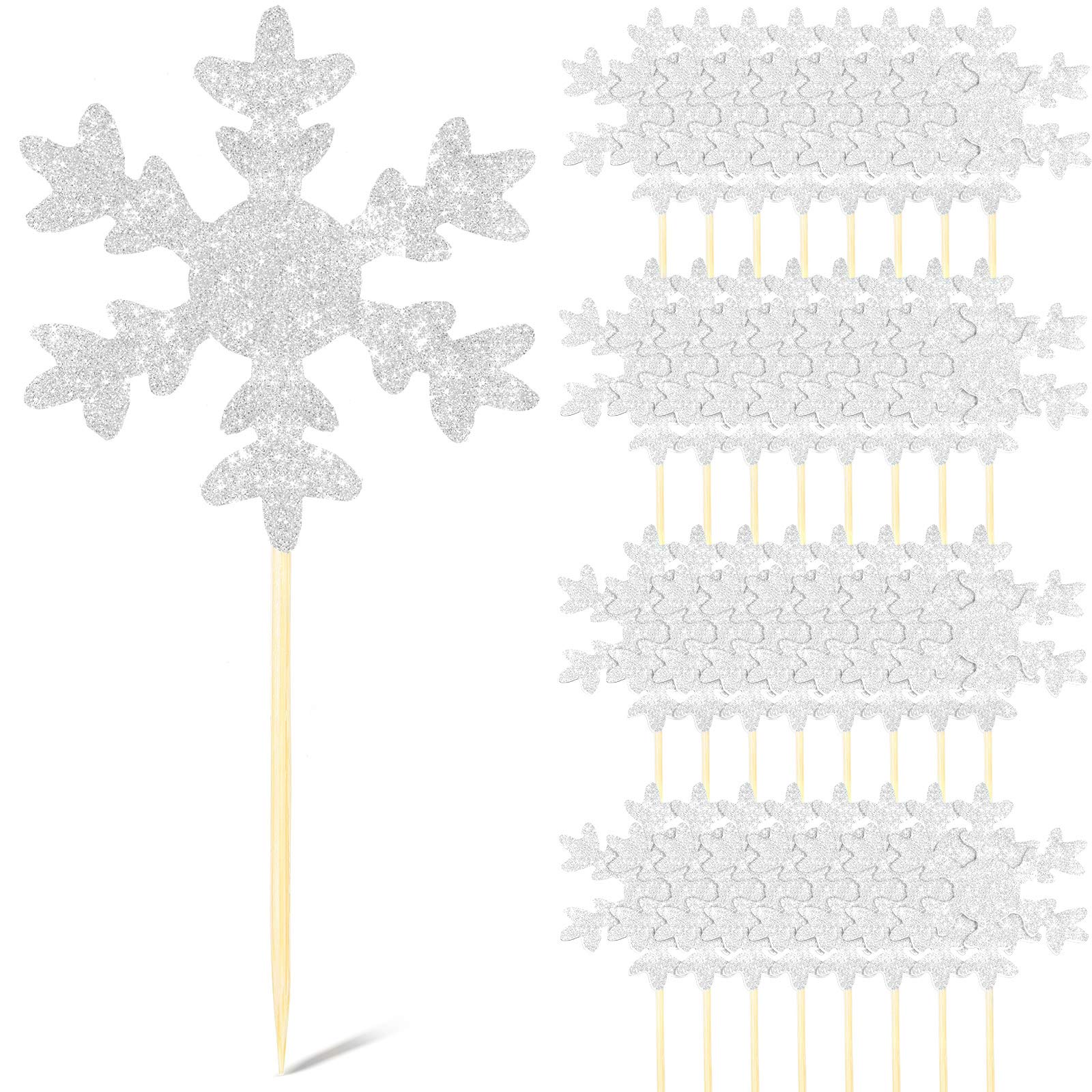 50 Pieces Snowflake Cupcake Topper Double Sided Silver Glitter Christmas Snowflake Cake Toppers Toothpicks Winter Dessert Picks for Birthday Christmas Baby Shower Wedding Party Decoration