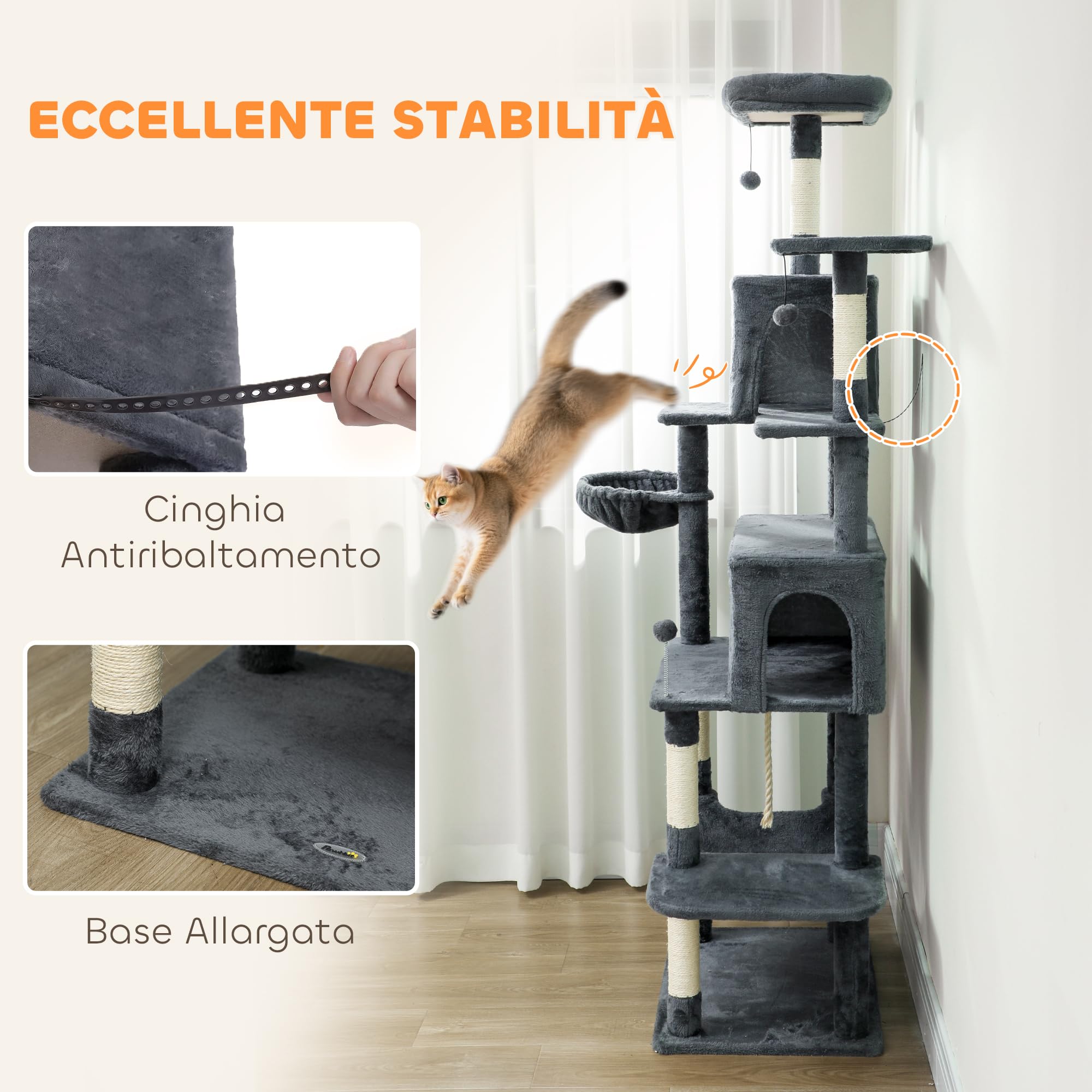 PawHut Tiragraffi per Gatti Alto 202 cm con 6 Pali Graffiatoi Grigio Scuro | Albero per Gatti, 2 Grotte, 2 Cucce, Amaca, 3 Pompon, Piattaforma e Corda, Torre per Gattini, Peluche, Per Gatti Adulti
