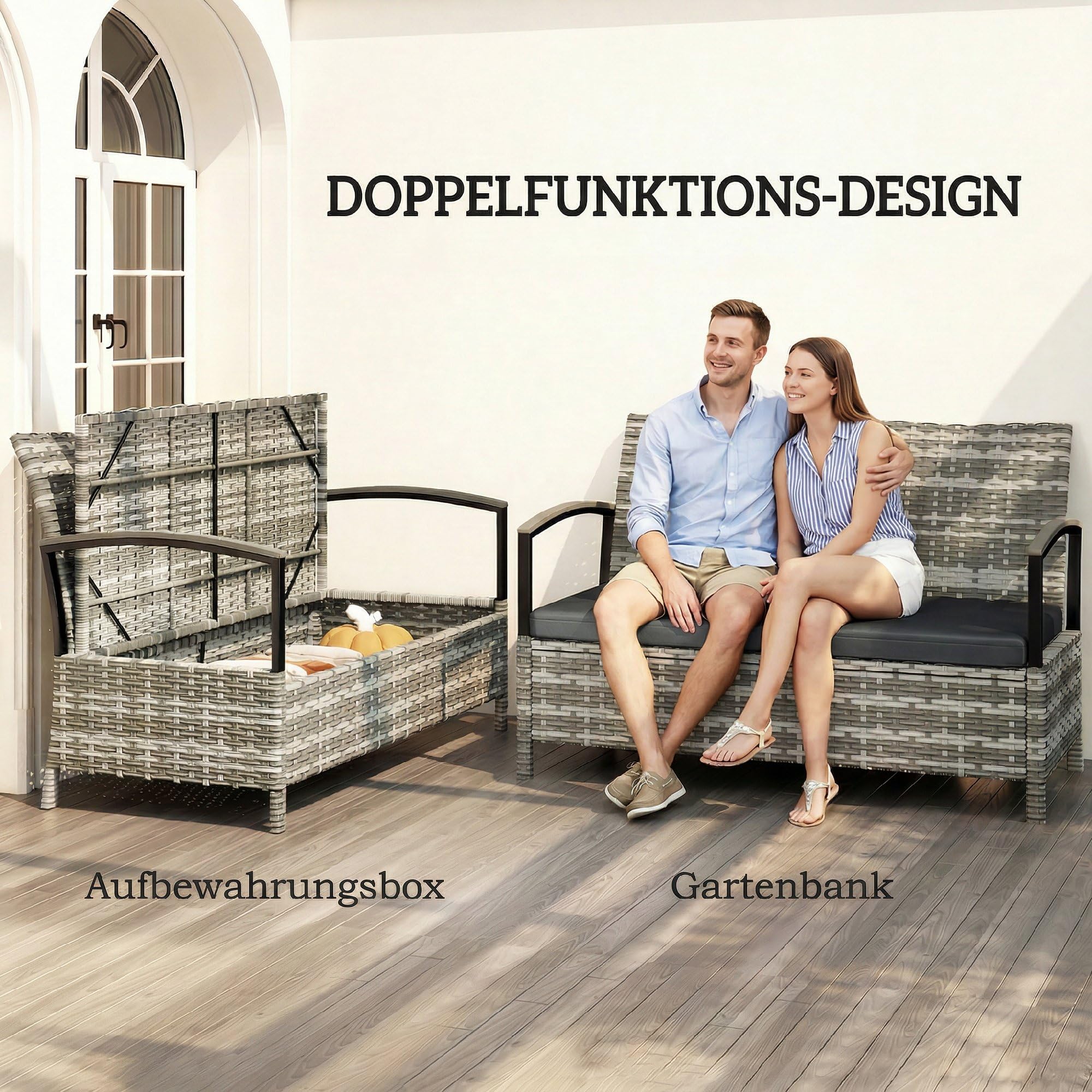 Outsunny Gartenbank mit Stauraum 2-Sitzer Sitzbank mit Kissen Haltegriffen 125L Aufbewahrungsbank Aufbewahrungsbox Bank für Flur Schlafzimmer Wohnzimmer Poly Rattan 123 x 70 x 82 cm Dunkelgrau