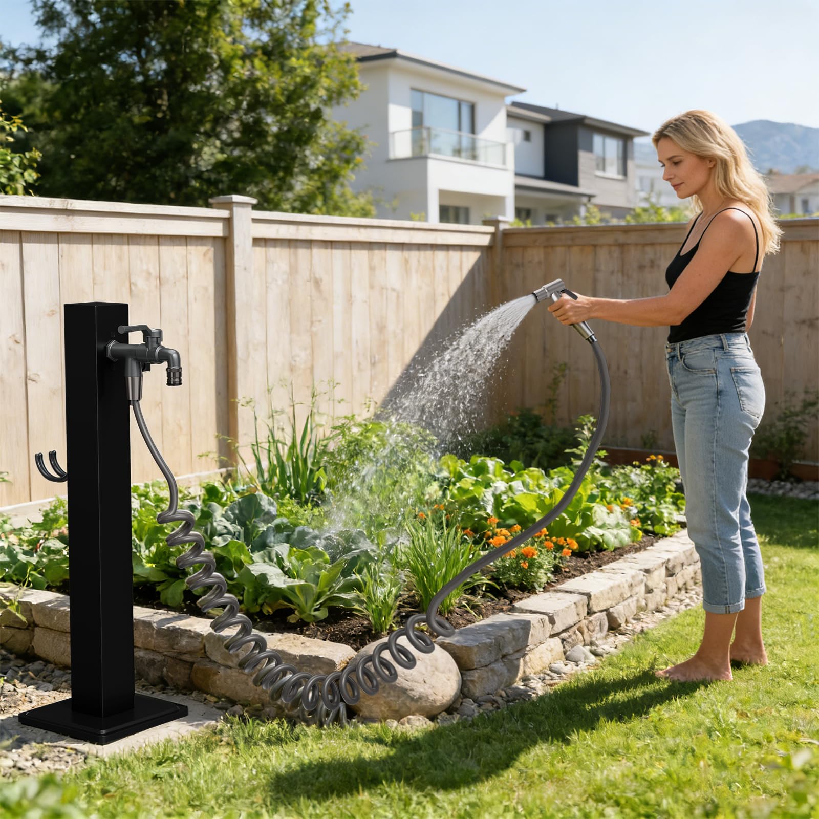 Columna de Agua para Jardin con Grifo, Dos Entradas de Agua, Grifo Exterior Jardin con Soporte Manguera y Pistola Rociadora, Fuente Jardin Exterior para Jardines, Granjas (Grande)