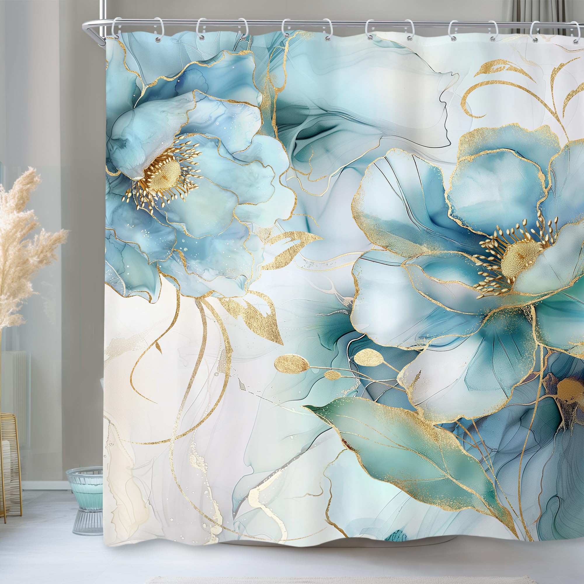 Newsely Marble Blue Ombre Floral Shower Curtain 72Wx72L Inch Teal Turquoise Gold Abstract Flower Luxury Modern Ink Texture Bathroom Set Elegant Girl