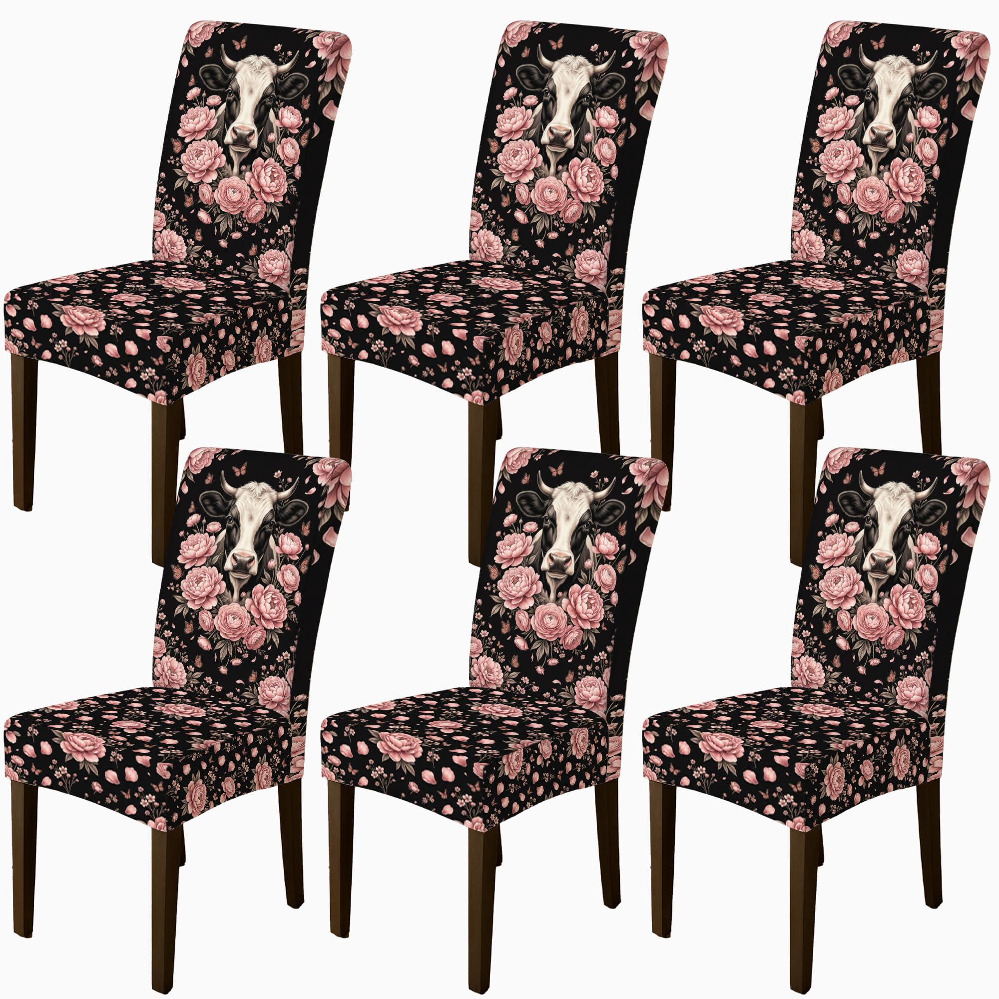 Housses de chaise de salle à manger élasthanne, lot de 6 motifs fleurs roses noires vintage