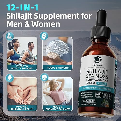 Miniatura 2 de Lukaree Shilajit - Gotas líquidas con musgo marino, ashwagandha, maca, ácido fúlvico, minerales traza, suplemento de vitaminas líquidas 12 en 1 para