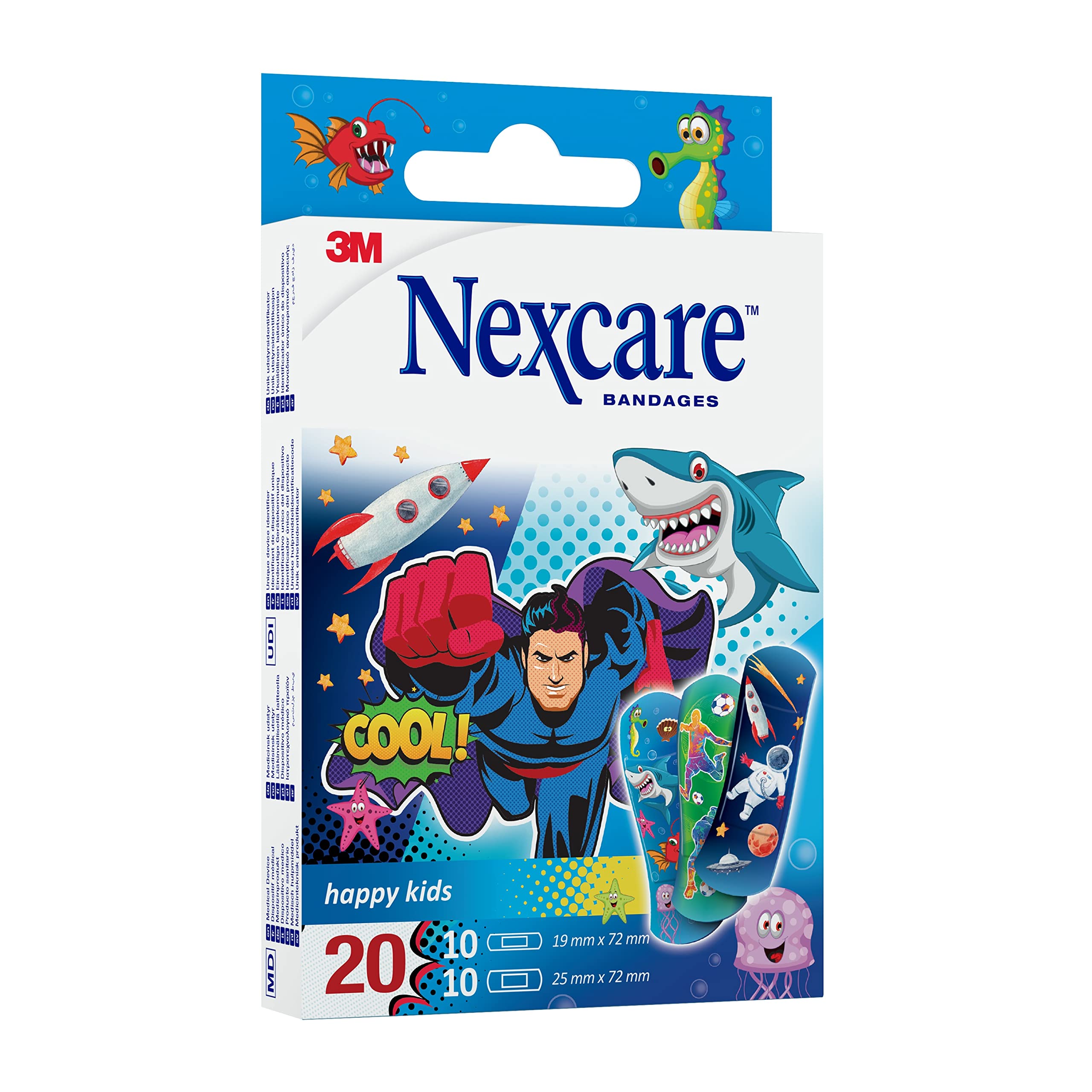 Nexcare Happy Kids Cool Plasters by 3M Pack of 20, Fun Colourful Kids Bandages with Cool Designs, Gentle Flexible Plasters that Comfort Children, Assorted Sizes for Little Ones' Cuts & Grazes