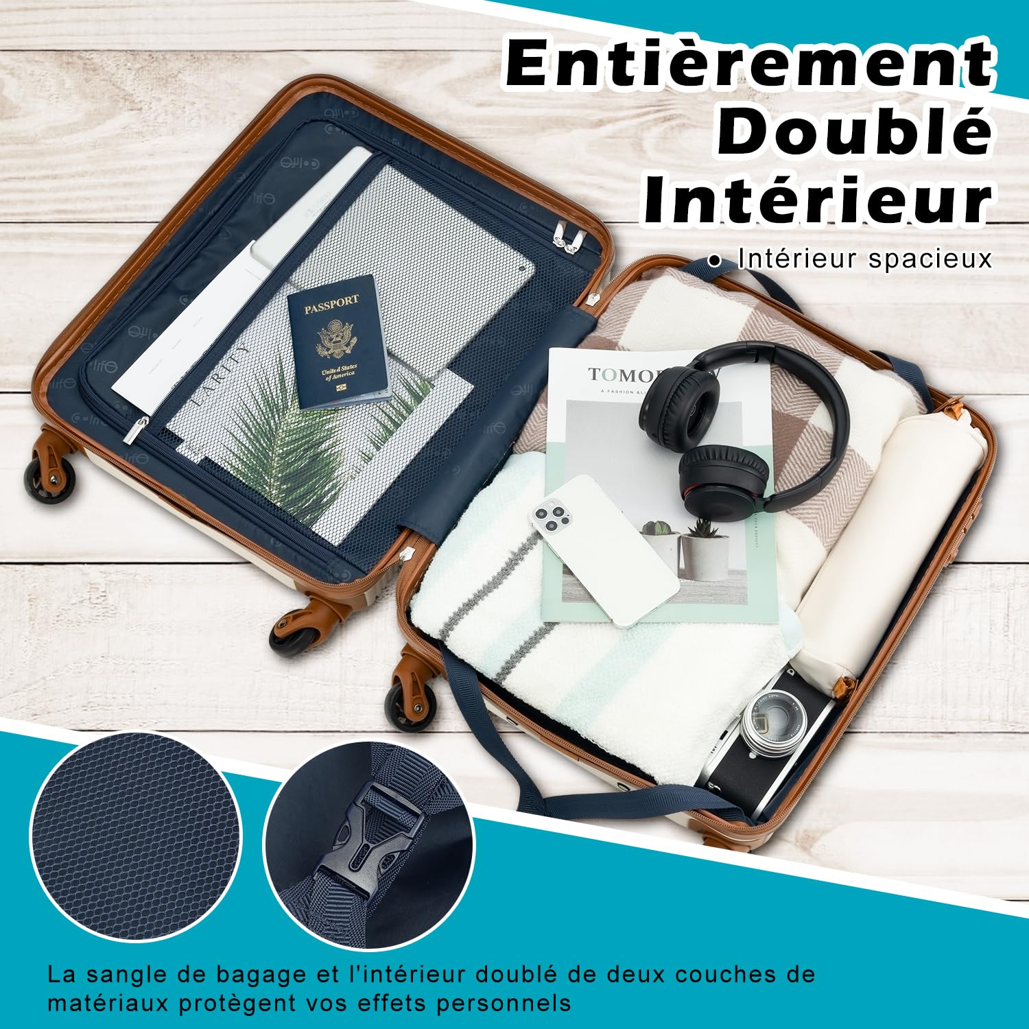 COOLIFE Valise Cabine 55x40x20 Easyjet Bagage Cabine Coque Rigide ABS Serrure TSA 4 Roues Pivotantes 360° Blanc Marron
