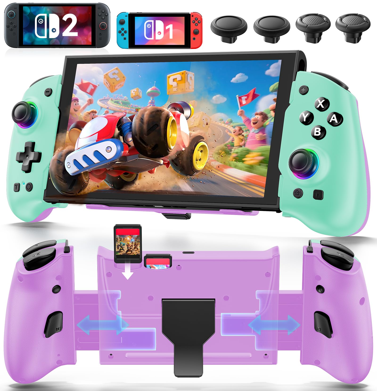 OIVO Switch 1/2 Controller for Original/OLED/Switch 2 Console, Stretchable Switch Handheld Joypad Ergonomic Grip for NS Pro Controller Nintendo 64 Games, Green &amp; Purple