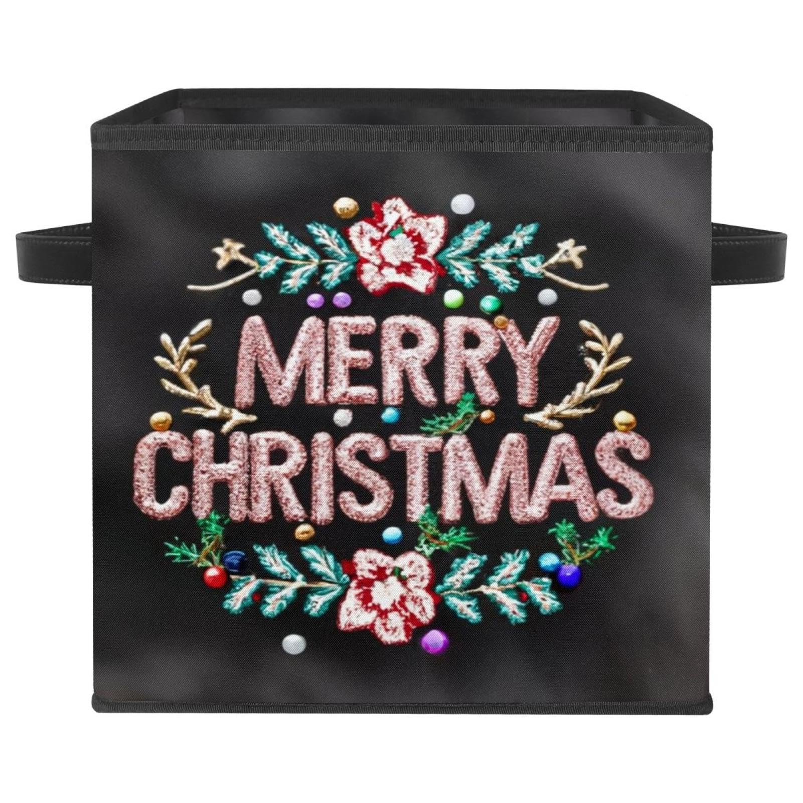 Boîte de rangement Merry Christmas cube pliable en tissu Oxford 28cm avec doubles poignées