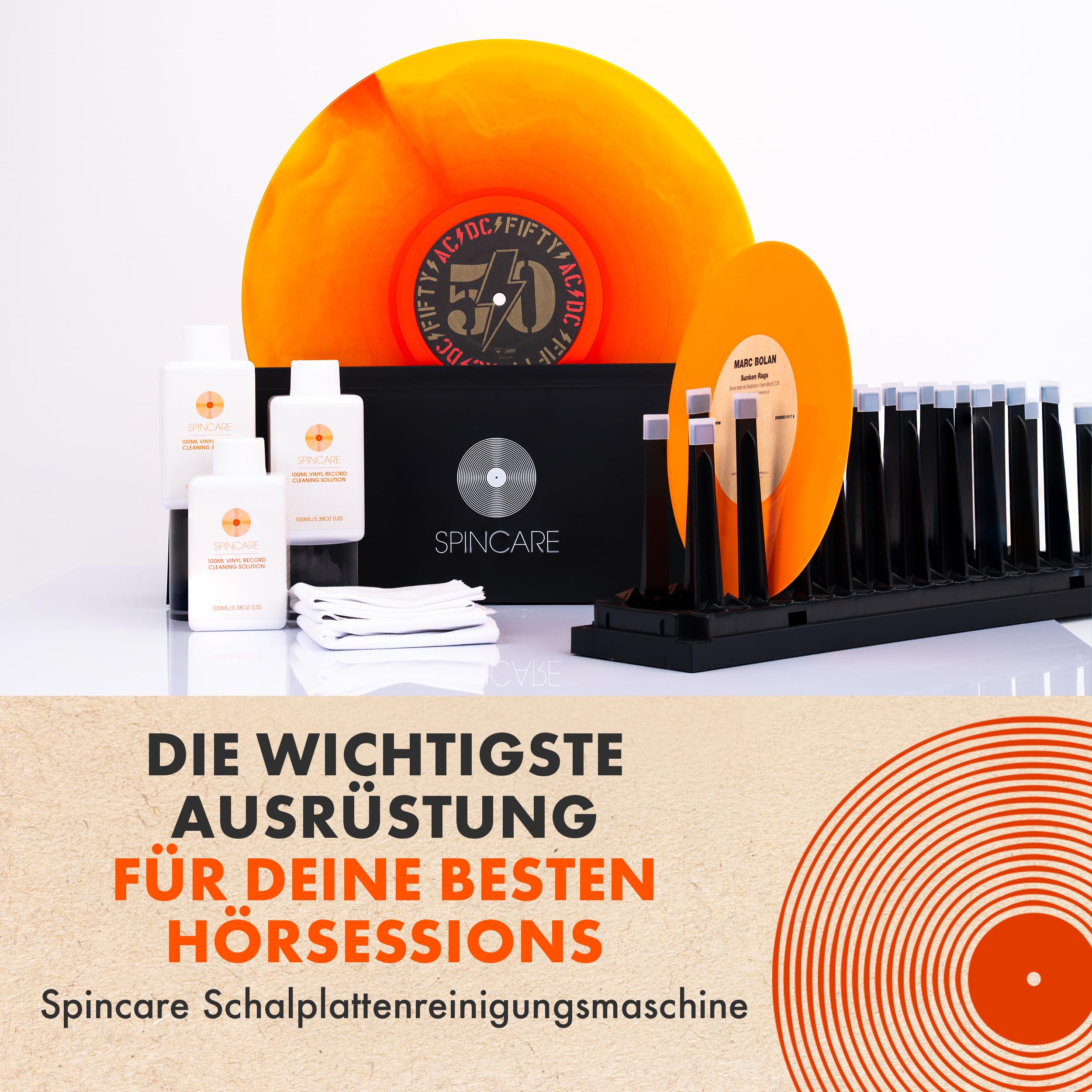 SPINCARE Schallplatten Reinigung für 18-25-30 cm Vinyl Schallplatten - Reinigungssystem mit Reinigungslösung - Mikrofasertüchern - Waschschüssel - Zubehör - Reinigt 500 LPs | Reinigungsset mit Wäscherlösung und Zubehör, reinigt 500 LPs und schützt Etikett