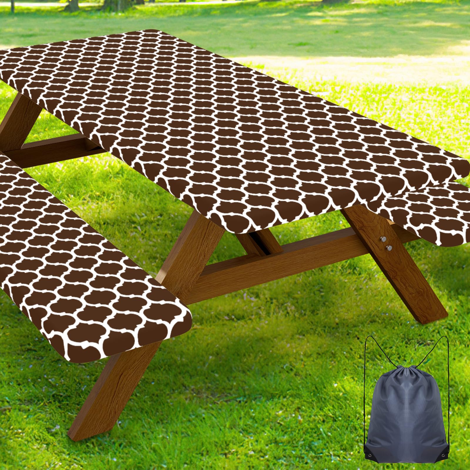 Smiry Picnic Table Cover with Bench Covers, Waterproof Elastic Fitted Tablecloth for 8 Foot Tables, Washable Polyester Tablecloths for Camping, Indoor &amp; Outdoor (Coffee, 30x96 Inch 3-pc Set)