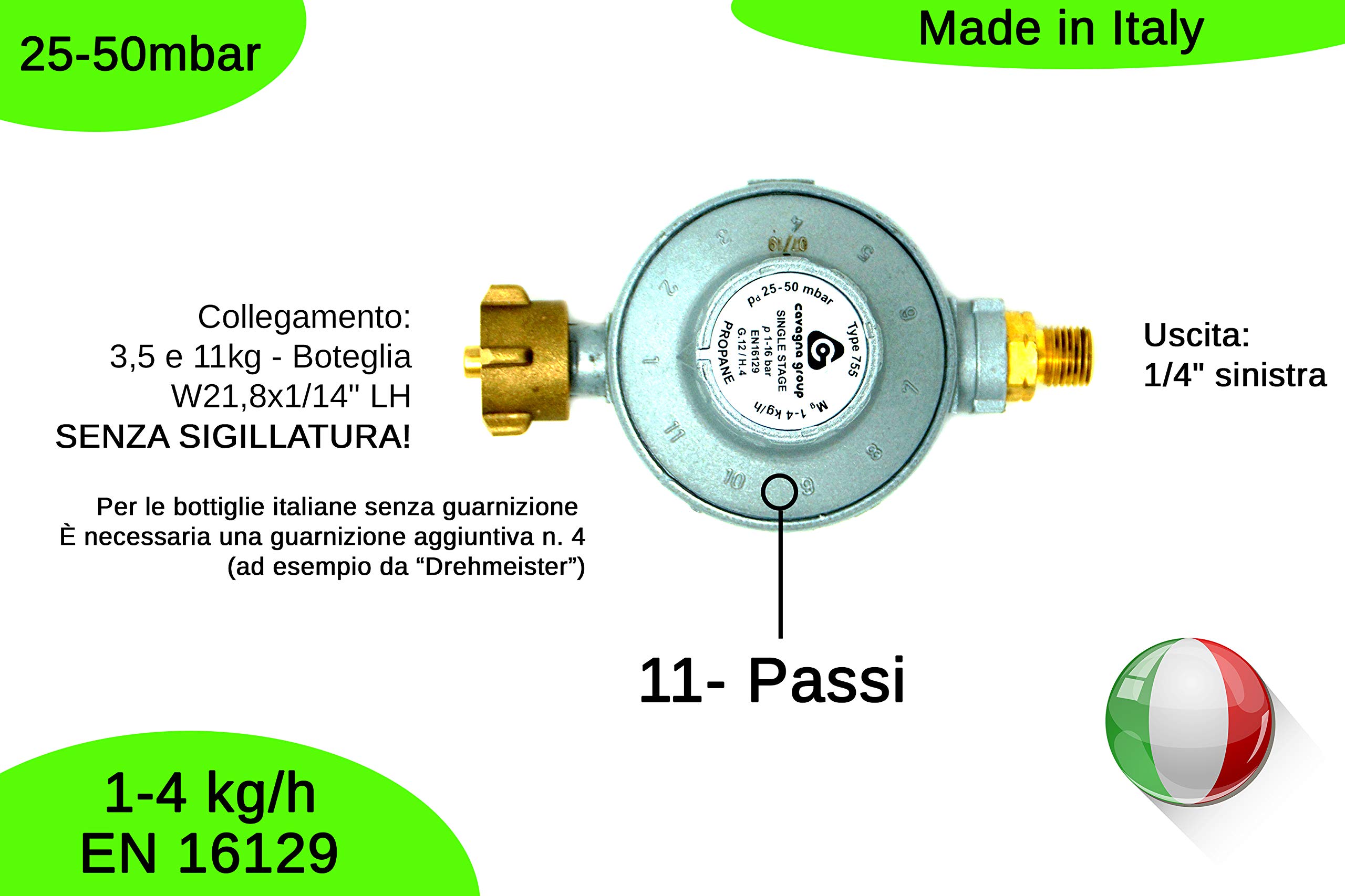CAVAGNA Regolatore di Bassa Pressione 25-50mbar Regolatore di Pressione del Gas Regolabile in 11 stadi per griglia a Gas, Stufa radiante, Stufa radiante terrazza, fornello
