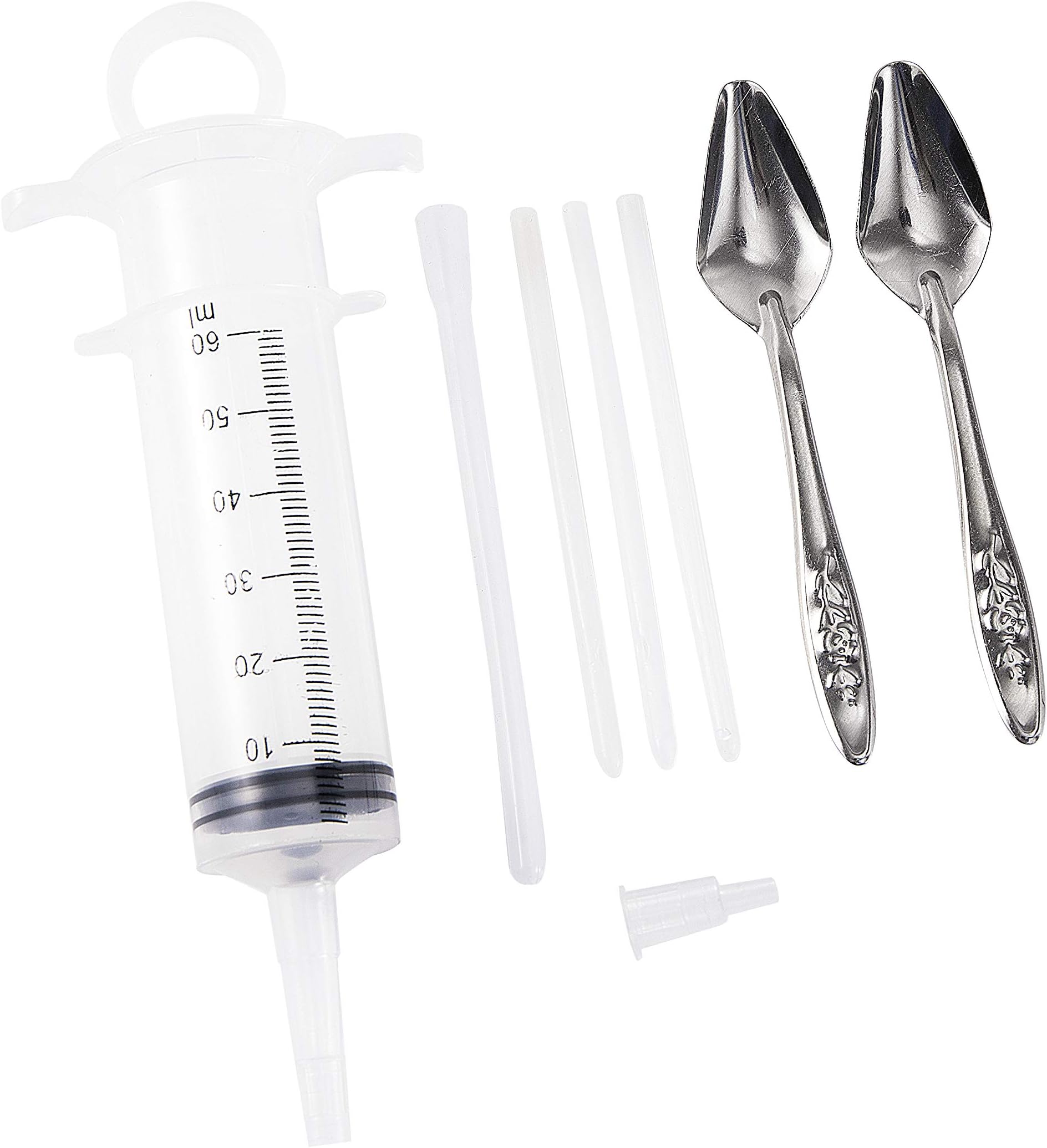 60ML Baby Bird Parrot Feeding Tubes, Liquid Medicine Feeder Push-Tube Pet Cat Dog Feeder with 2 Pcs Stainless Steel Metal Feeding Spoon