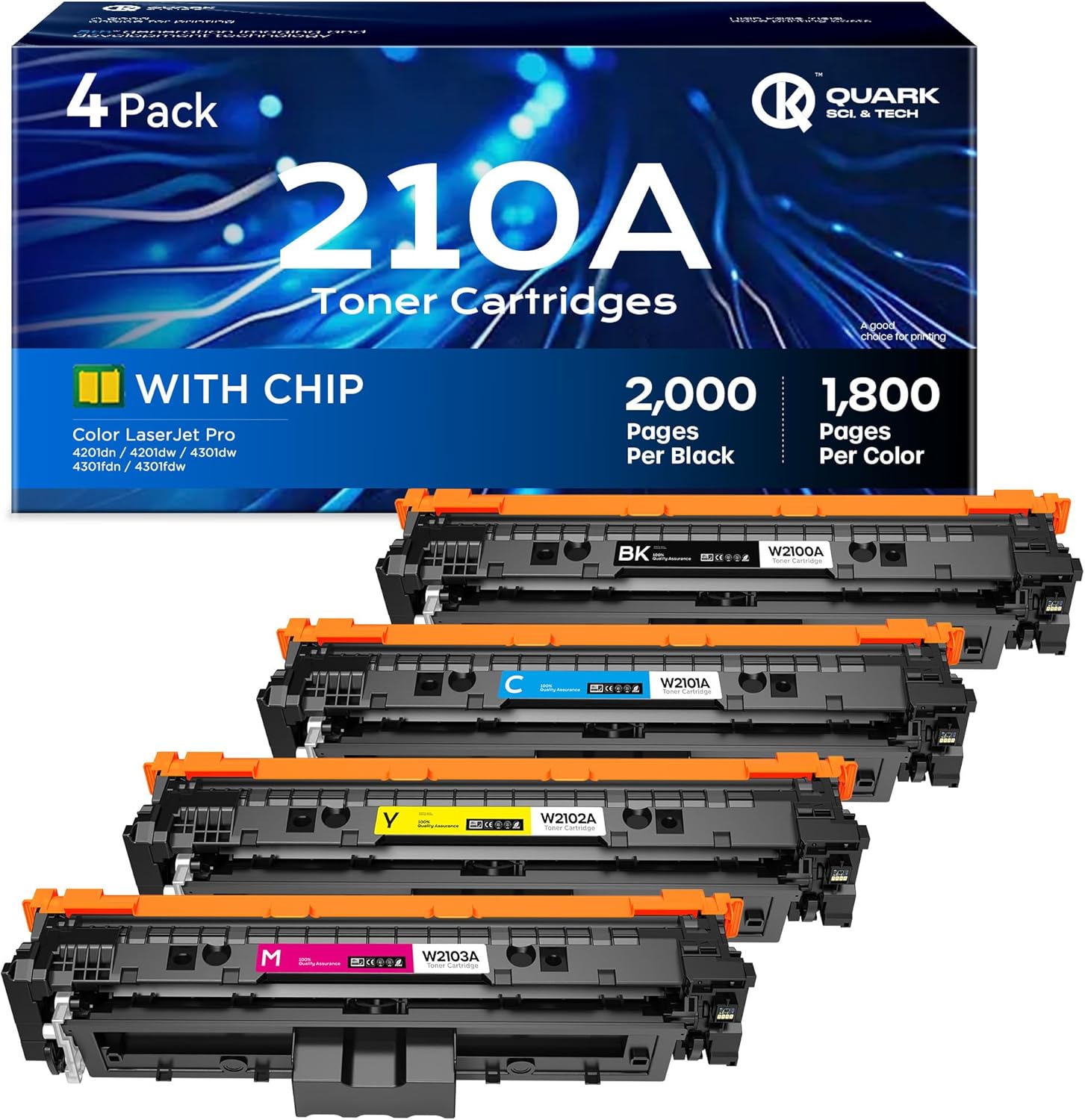 210A Toner Cartridges 4 Pack Color Pro MFP 4301fdw Compatible with HP 210A 210X W2100A for Color Pro MFP 4301fdw 4301fdn Pro 4201dw 4201dn Printers (with Chip, Bk/C/M/Y)