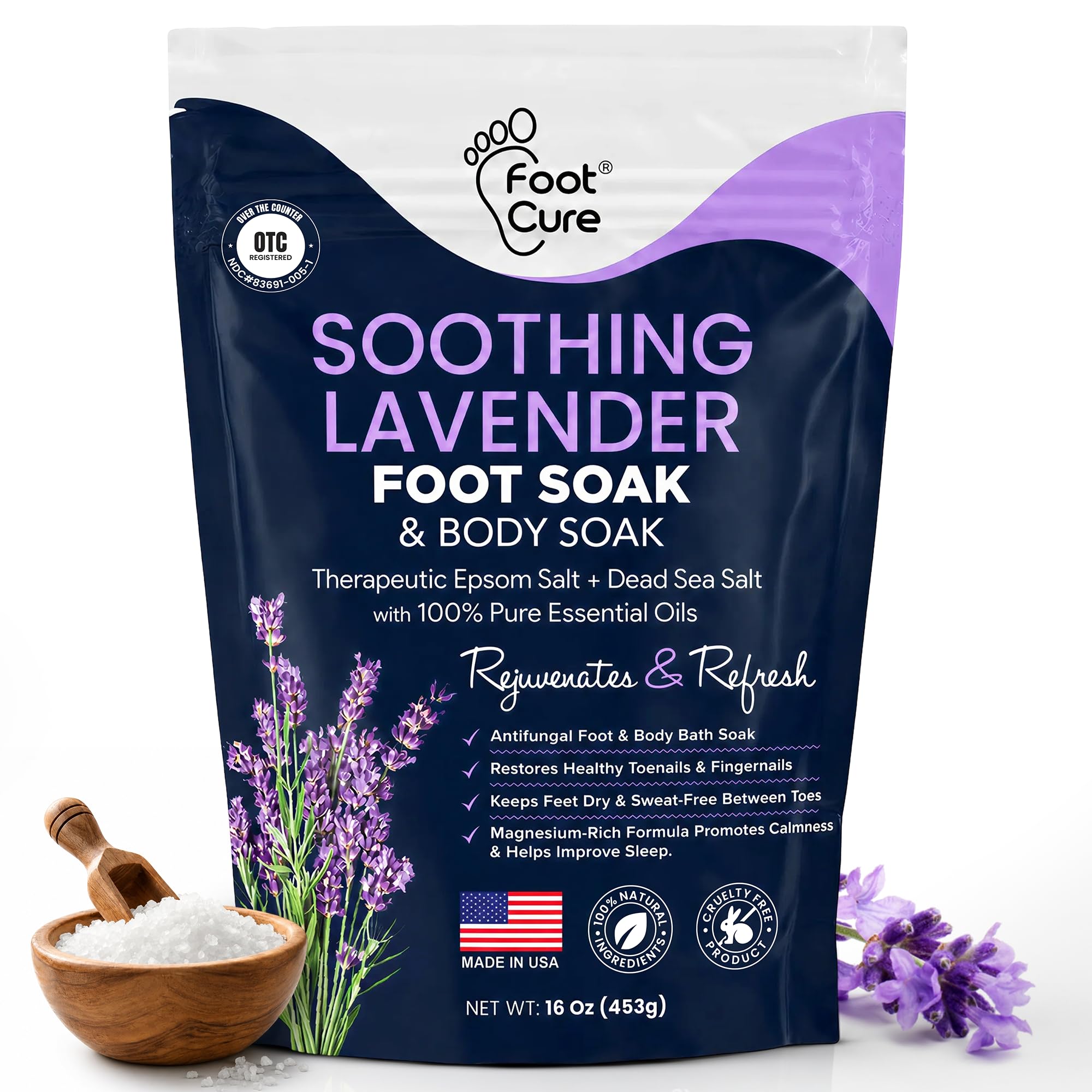 Soothing Lavender Foot Soak with Epsom Salt - Best Toenail Treatment & Softens Calluses - Soothes Sore & Tired Feet, Foot Odor Scent, Spa Pedicure - Made in USA 16 oz