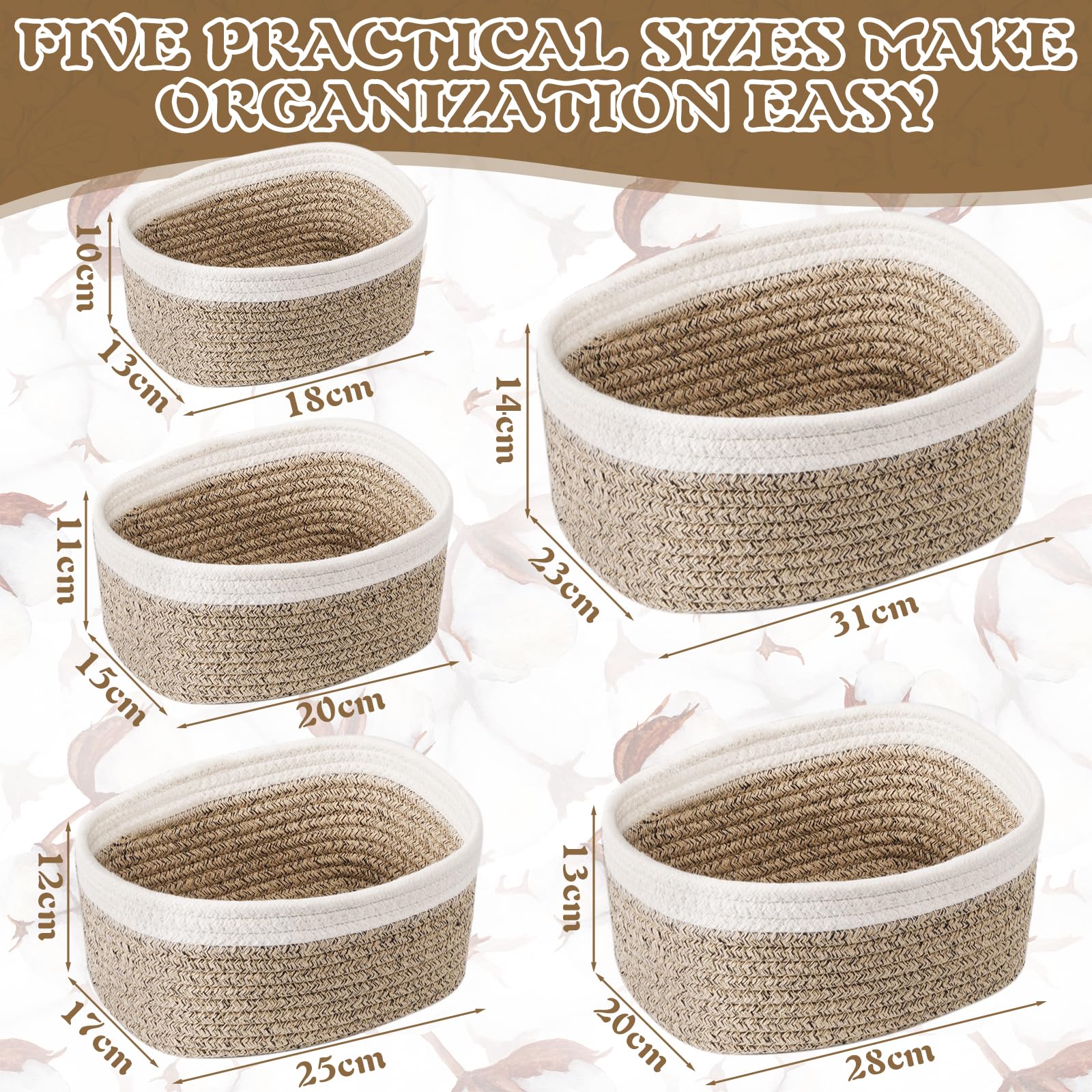 Set di 5 Cestini Portaoggetti Intrecciato in Corda di Cotone, Cestino Portaoggetti Bagno,Impilabile Organizer Fasciatoio, Decorazione Cestini Stoccaggio per Bagno Cameretta Salotto Ufficio