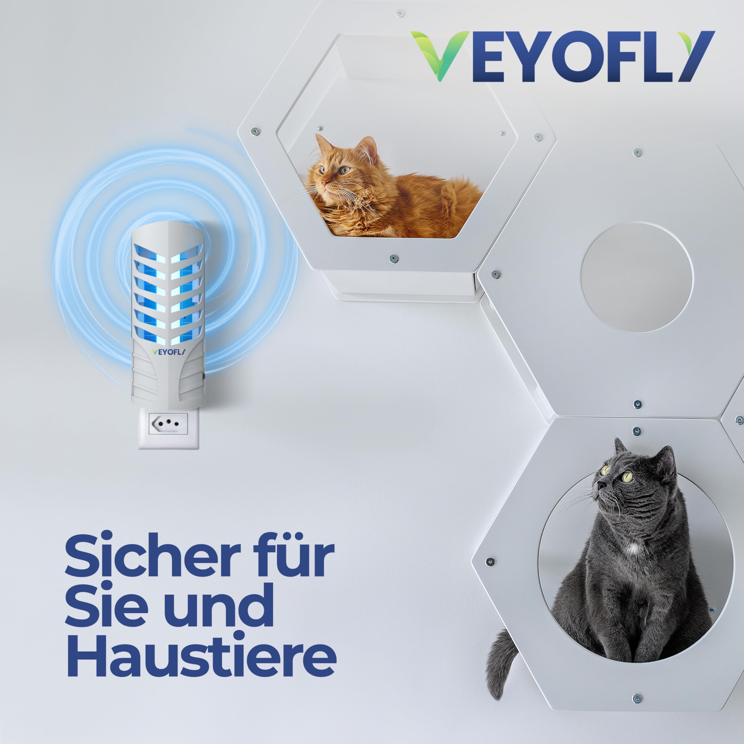 VEYOFLY Fliegenfalle UV, Fruchtfliegenfalle, 2 Geräte + 4 Nachfüllungen | UV-Licht lockt Insekten auf Wechsel-Klebekarten, leise 24/7, Stecker, Innenbereich, ohne Insektenvernichter Elektrisch