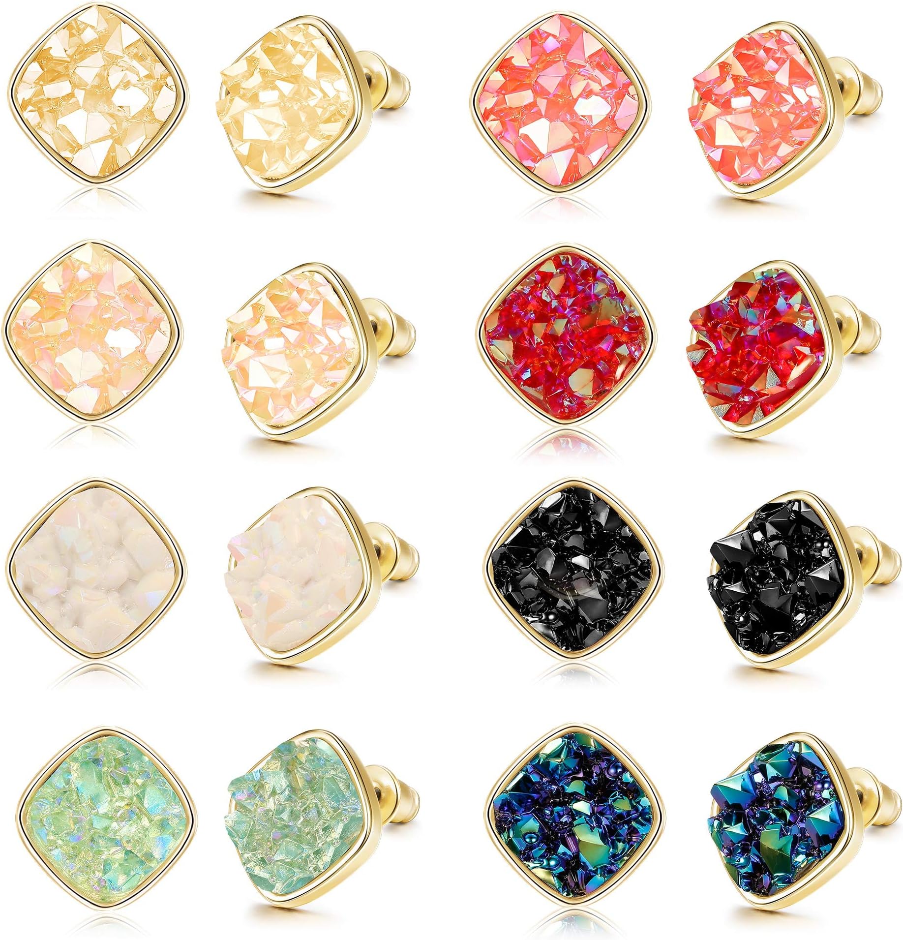 FINREZIO 8 Pairs Resin Square Faux Druzy Stone Stud Earrings Set for Women Men Gold Plated Fashion Earrings Jewelry 10MM
