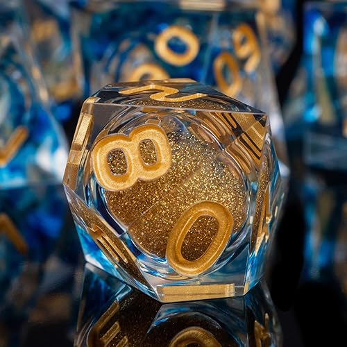 Miniatura 4 de DND - Juego de dados de núcleo líquido con caja, dados de resina de borde afilado azul, juego de dados poliédricos D y D hechos a mano transparentes