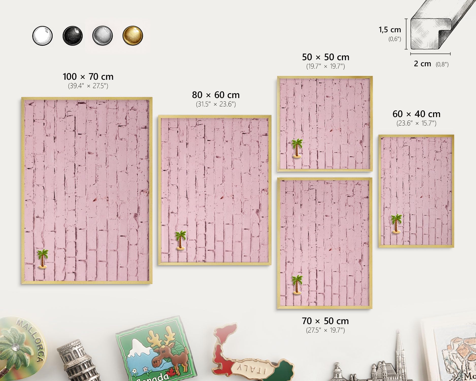 Panel Magnético Informativo 60x40 cm | con Marco Dorado | Ladrillo Rosa | Montaje Fácil | Pizarra de Pared | Para Restaurante y Bar | Expositor para Menú, Ofertas del Día