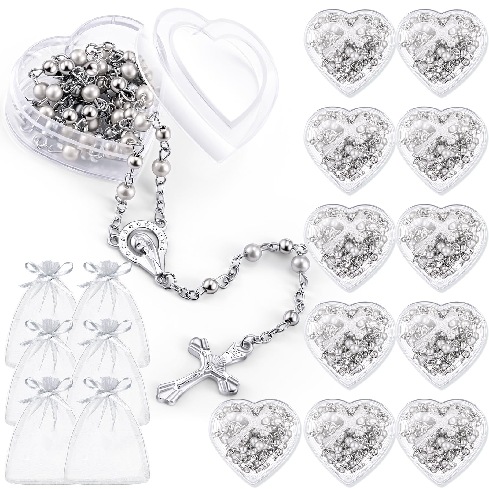 ROCEEI Catholic Rosary Necklace with Crucifix 4mm Beads | Women Men Bulk Orders, First Communion Baptism Favors, Faux Pearl Centerpiece, Heart Box Organza Bag Gift Ready White 24