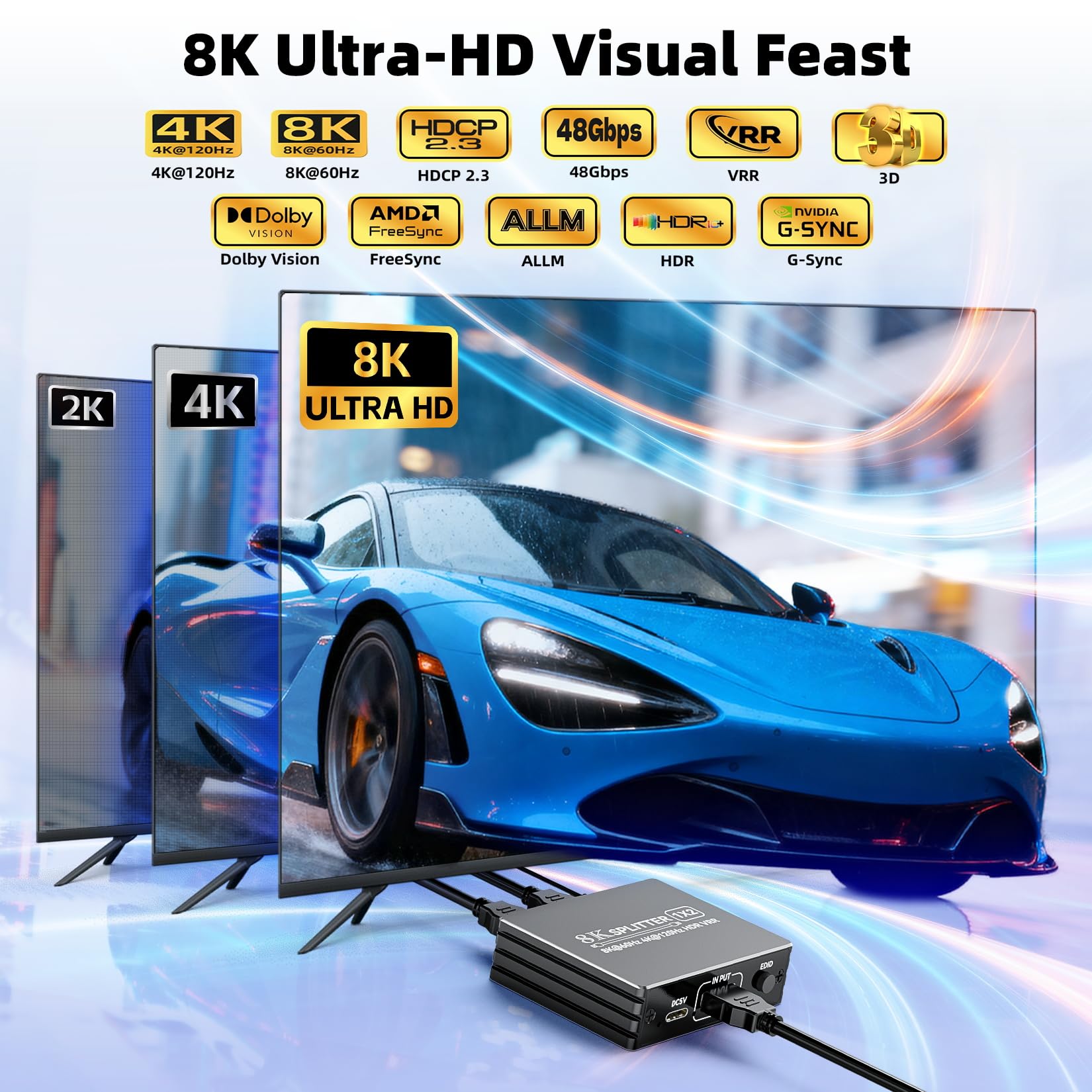 Splitter HDMI 2.1 1 in 2 Out 4K 120Hz 8K 60Hz con audio, BolAAzuL 1x2 HDMI Distributore 1 su 2 monitor duplicati contemporaneamente, Powered, Plug & Play, latenza zera, HDCP 2.3 HDR per PS5/Xbox/PC/TV