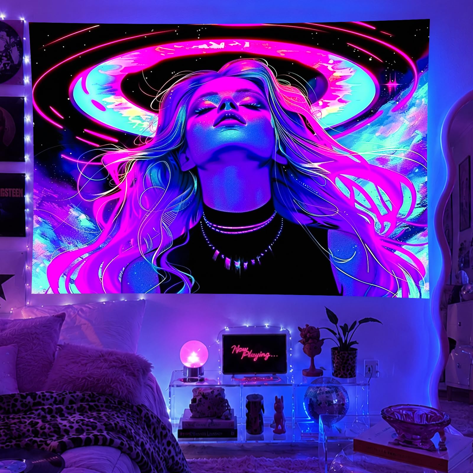 BlissYard Blacklight Tapestry Character Portrait Neon Decor 78 x 59 Inch