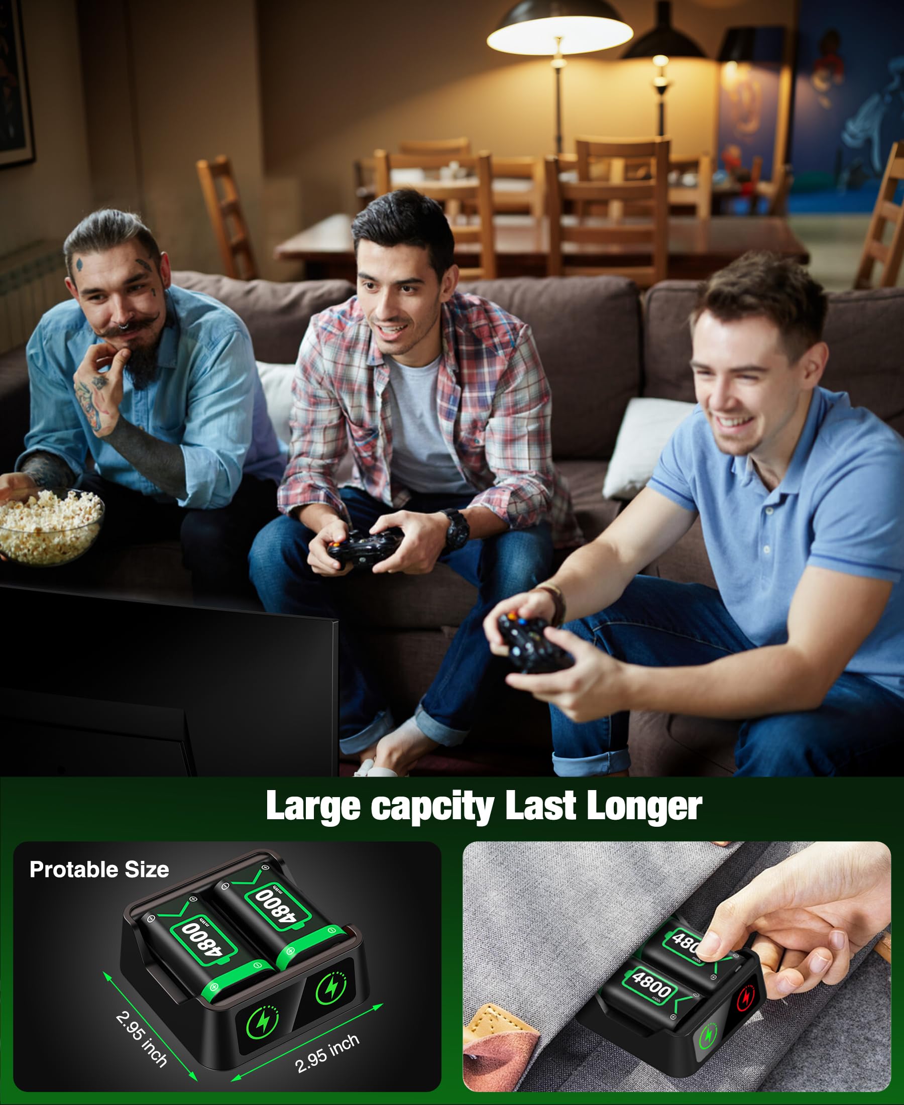 Batterie Rechargeable pour Manette Xbox – Pack avec 2 Batteries 4800mWh, Chargeur et Câble Type-C – Compatible Xbox Series X/S, One, Elite – Sécurité et Autonomie Optimisées