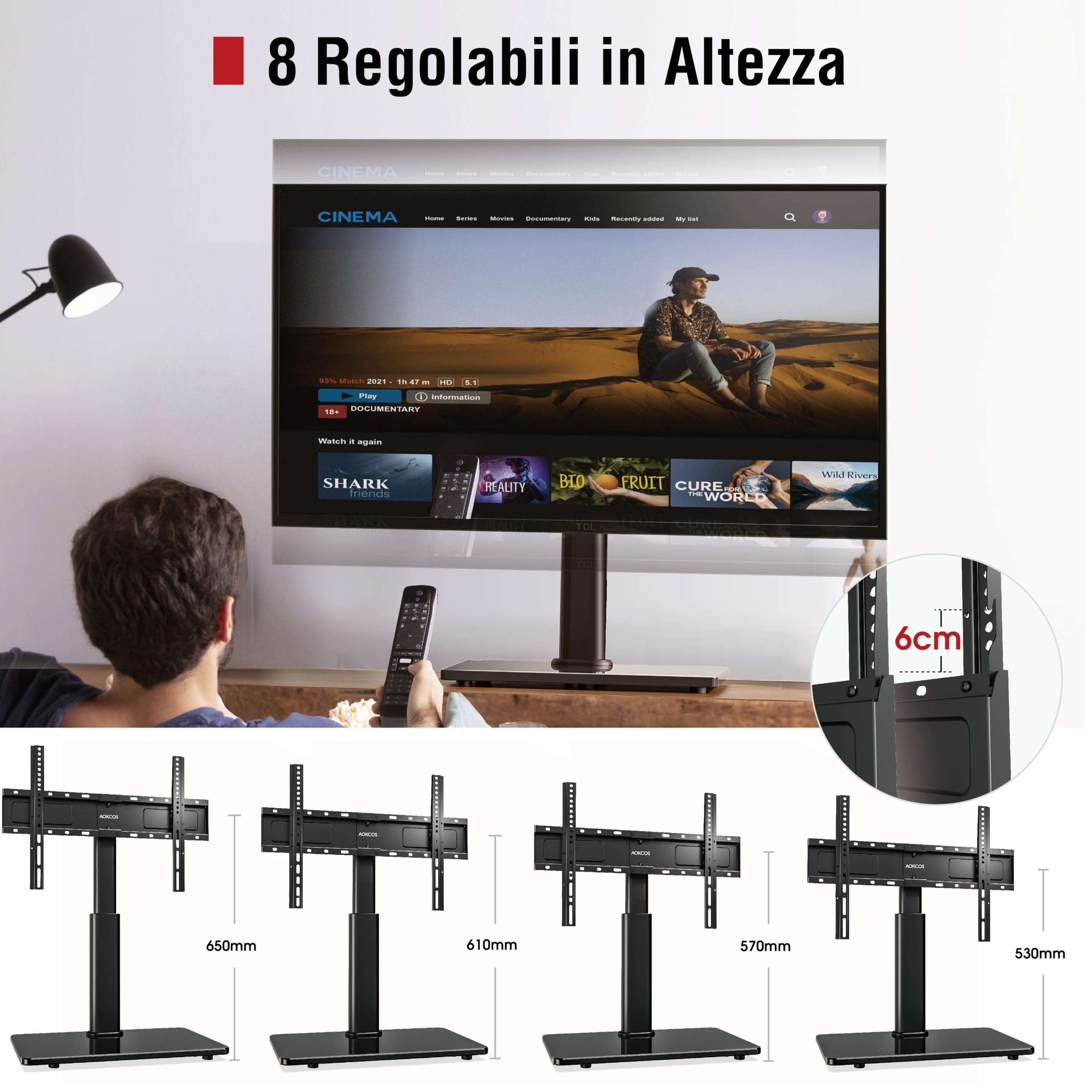 AOKCOS Supporto TV da Tavolo Inclinabile per 32-55 65 70 75 Pollici, Girevole Altezza Regolabile Piedistallo TV con Base, Mobile Porta TV Max VESA 600x400mm 45KG