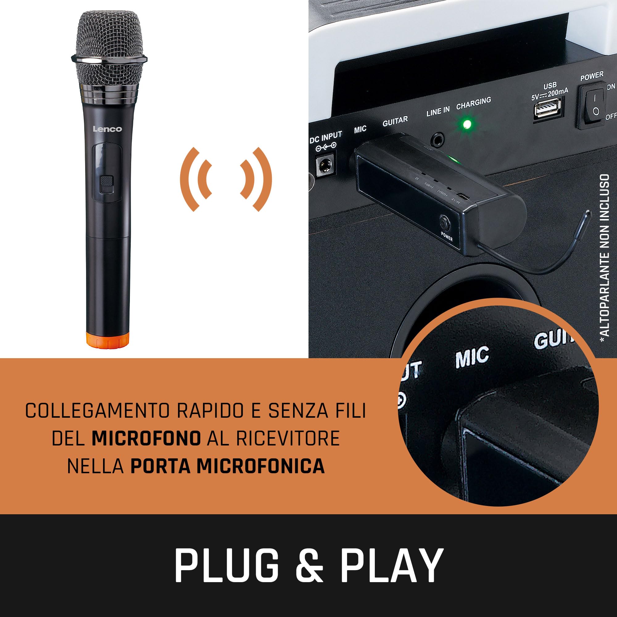 Lenco MCW-011BK - Microfono wireless, ricevitore 6,3 mm, ricevitore comune, festa karaoke, nero