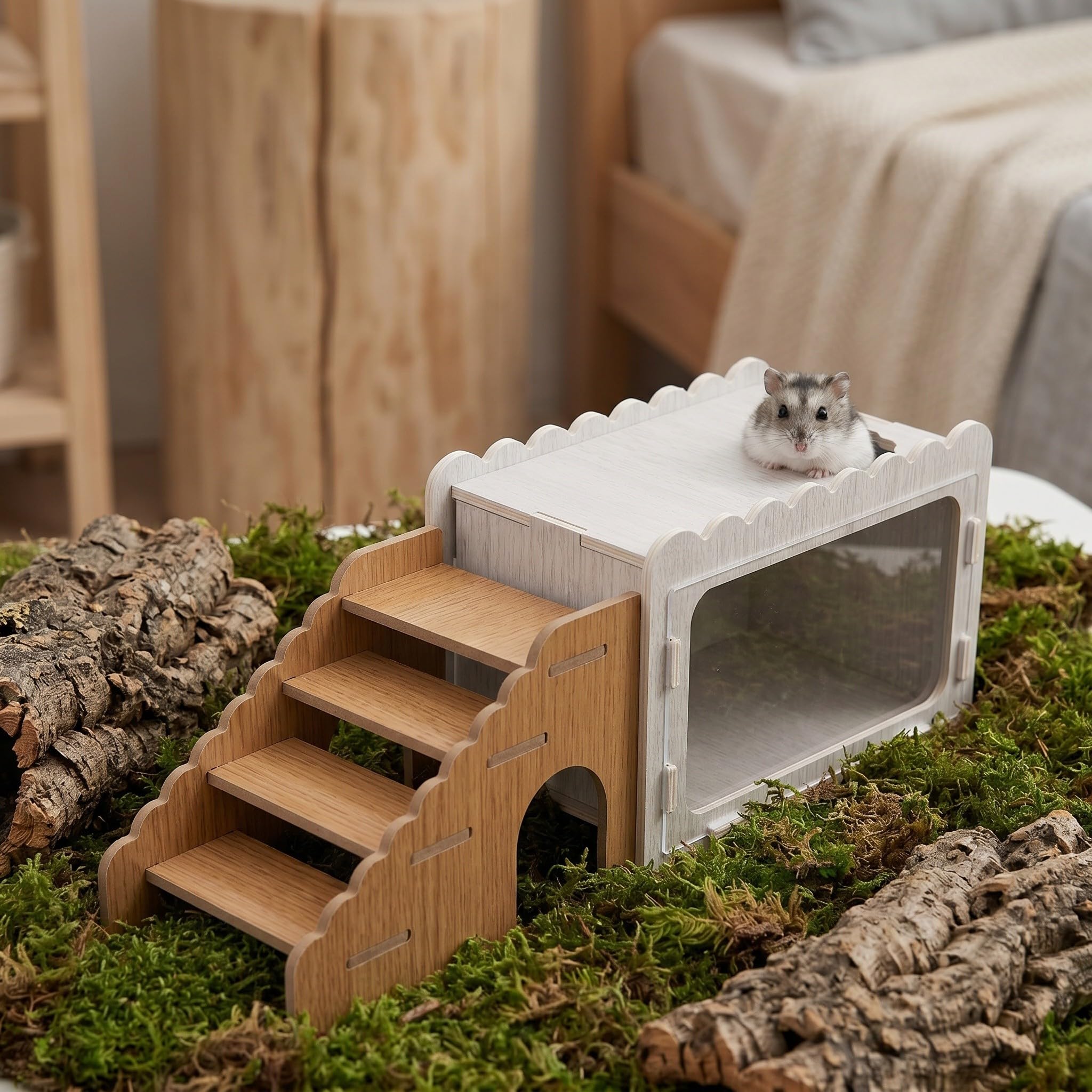Operitacx Hamster-Versteck mit Kletterleiter, Holzhaus zum Schlafen und Spielen für Hamster, zweistöckiges Kleintierhaus für Rennmäuse, Mäuse und Ratten