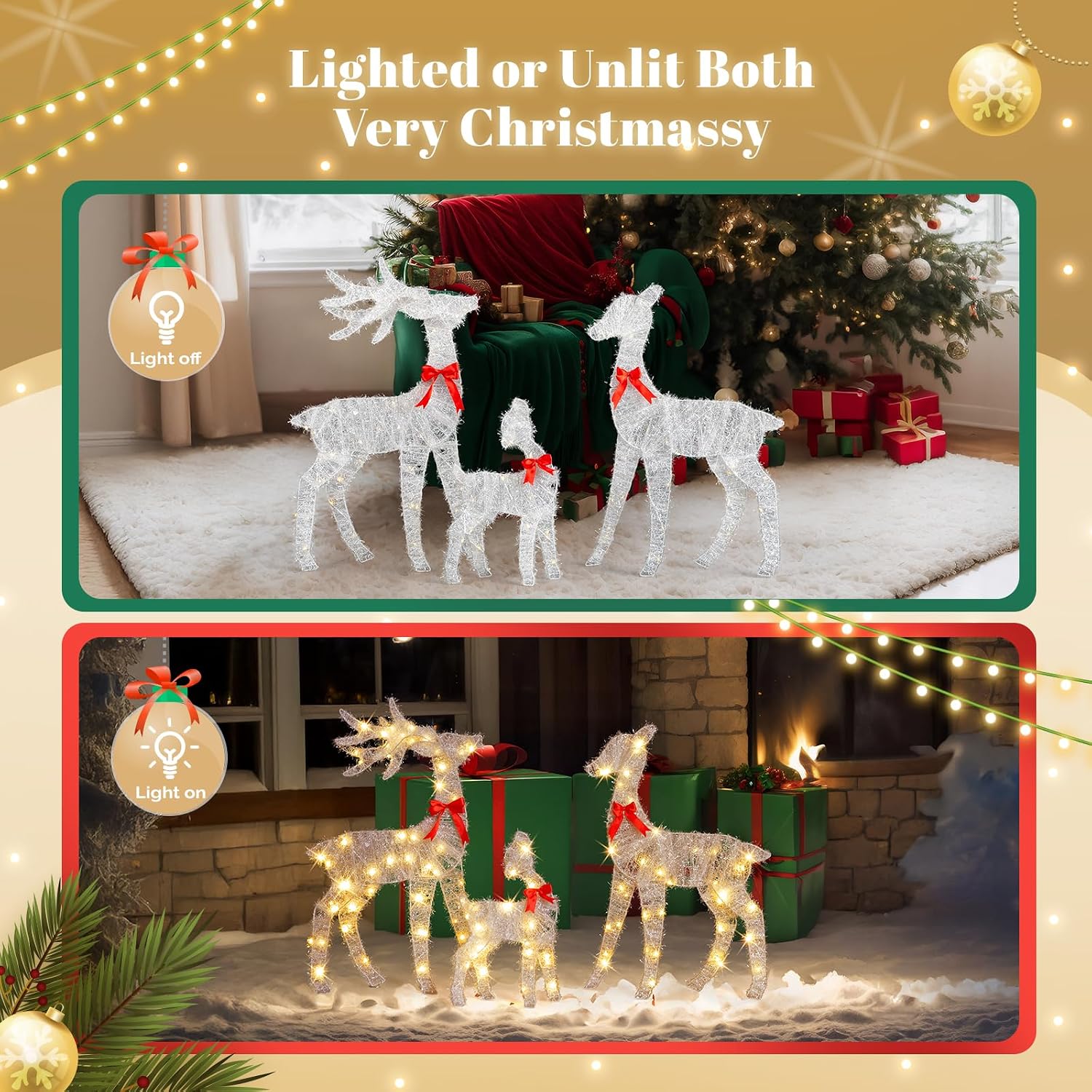 VINGLI 3-Piece Lighted Tinsel Christmas Reindeer Family Set, 3FT White Buck Doe Fawn Outdoor Yard Decorations, Pre-lit 110 Warm White LED Lights, Weatherproof Xmas Lawn Garden Home Decor