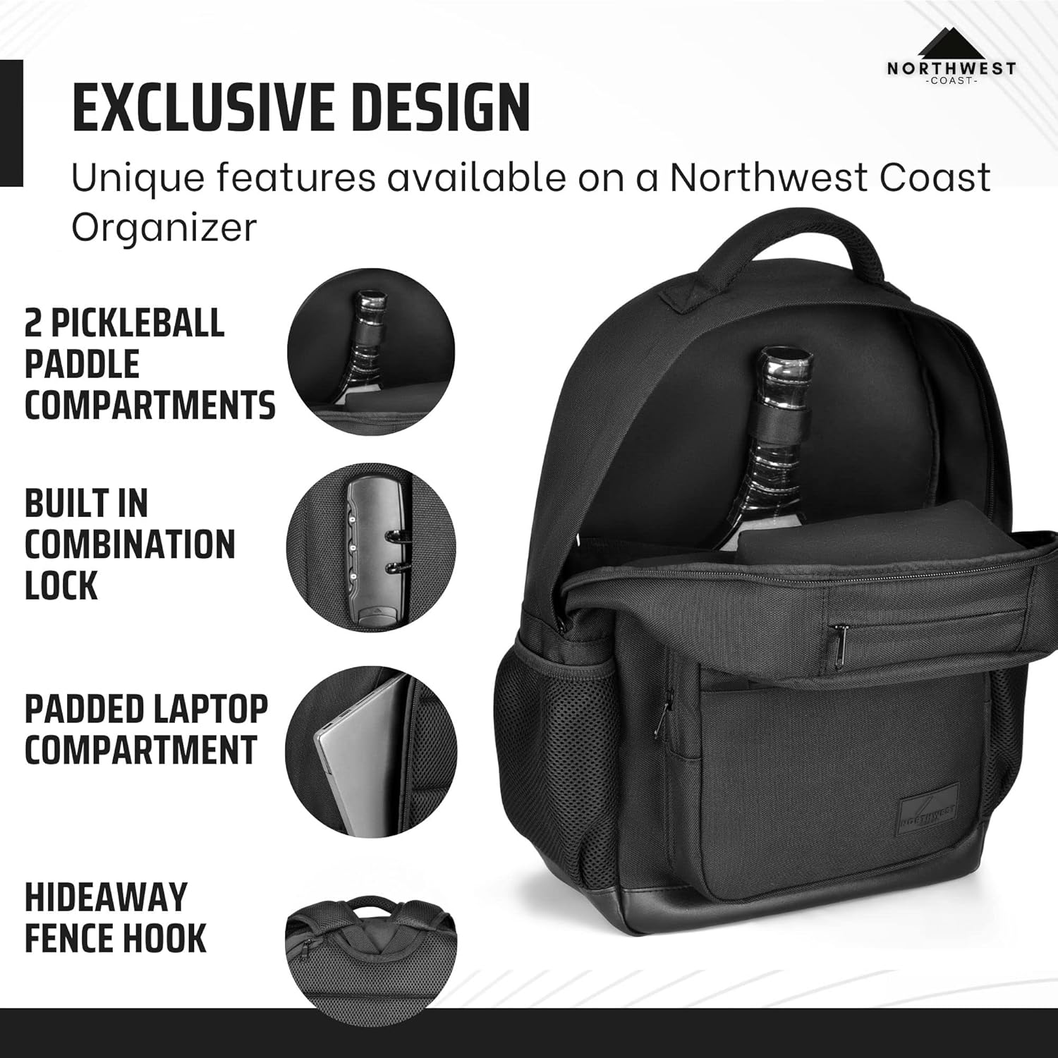 Pickleball Backpack with Built-In Combination Lock + USAPA Approved Pickleball Paddle – Black