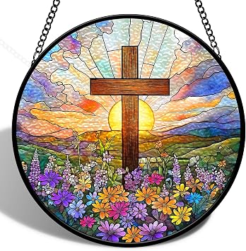 Stained Glass Window Hanging Decor,Cross Wildflowers Sun Catcher,Cross Suncatcher for Window, Stained Glass Hanging Ornament for Christian Easter,Religious Gift for Women Men 8 inchCross01