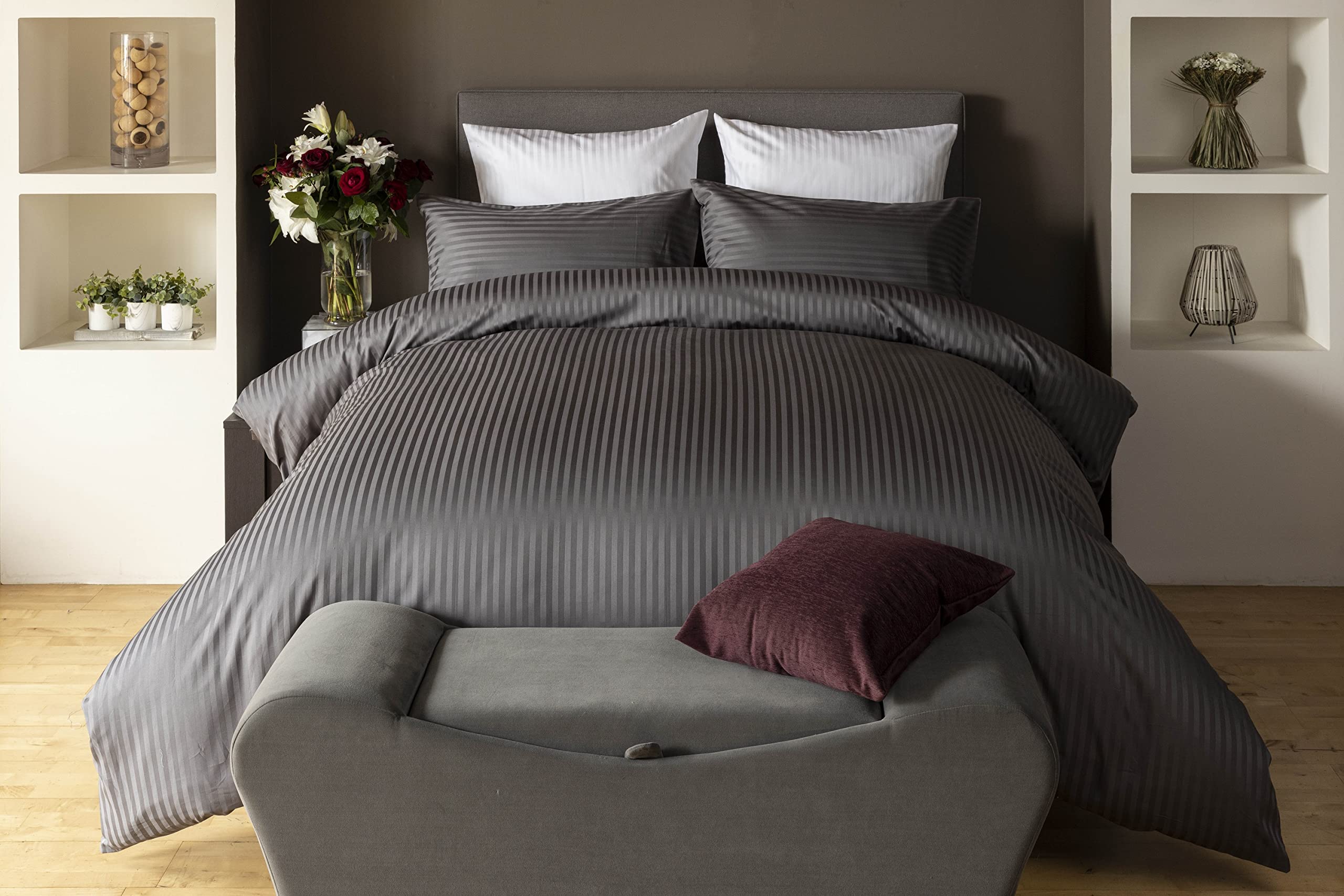 Belledorm Charcoal Hotel Suite Satin Stripe - Duvet Set (, King Size)