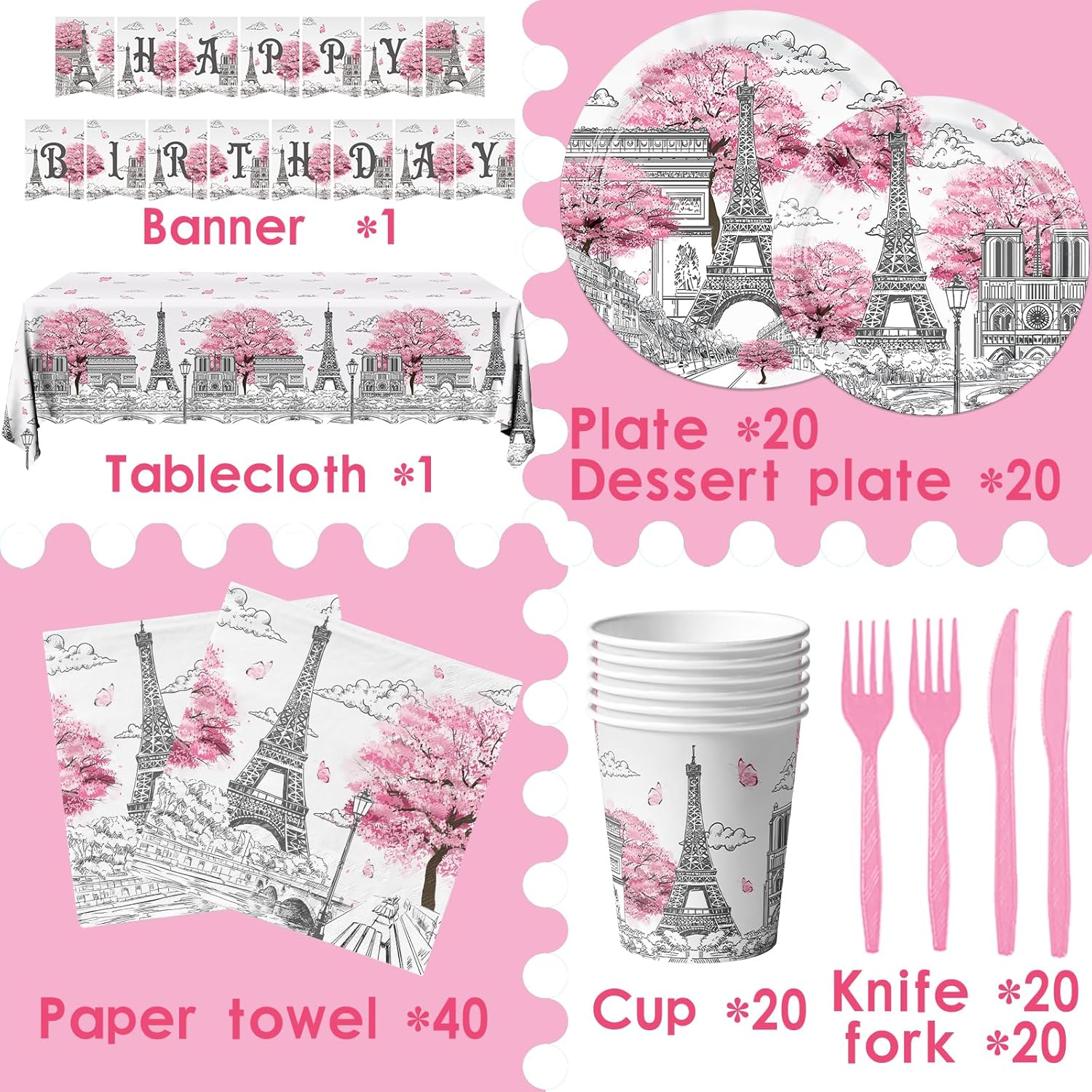 Paris Themed Party Decorations with Paper Plates Napkins Tablecloth