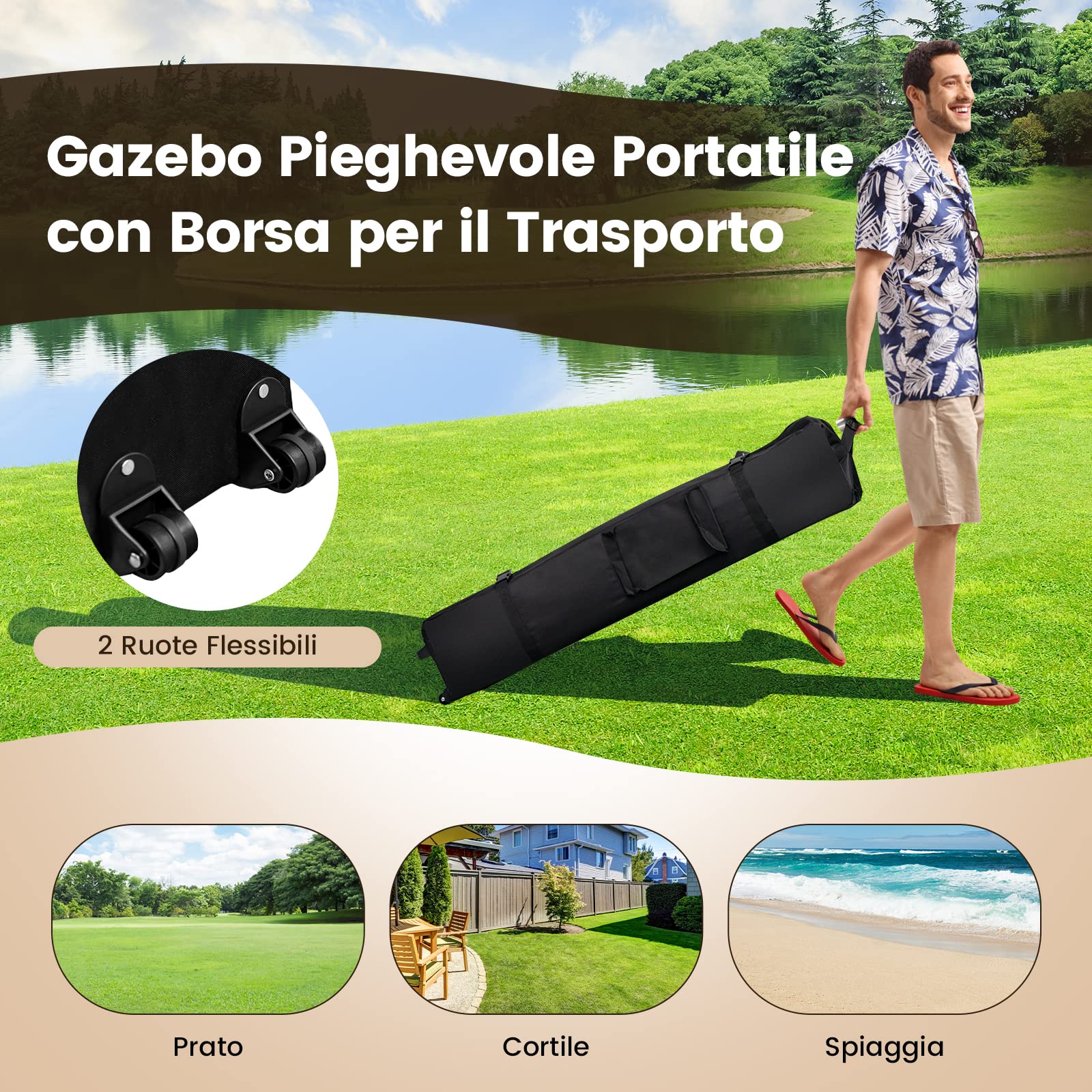 COSTWAY Gazebo Pieghevole da Giardino 4 x 4 m, Altezza Regolabile, Gazebo Pop-up con Zanzariera, Borsa di Trasporto, Doppio Tetto Ventilato e per Giardino Patio e Cortile (Cachi)