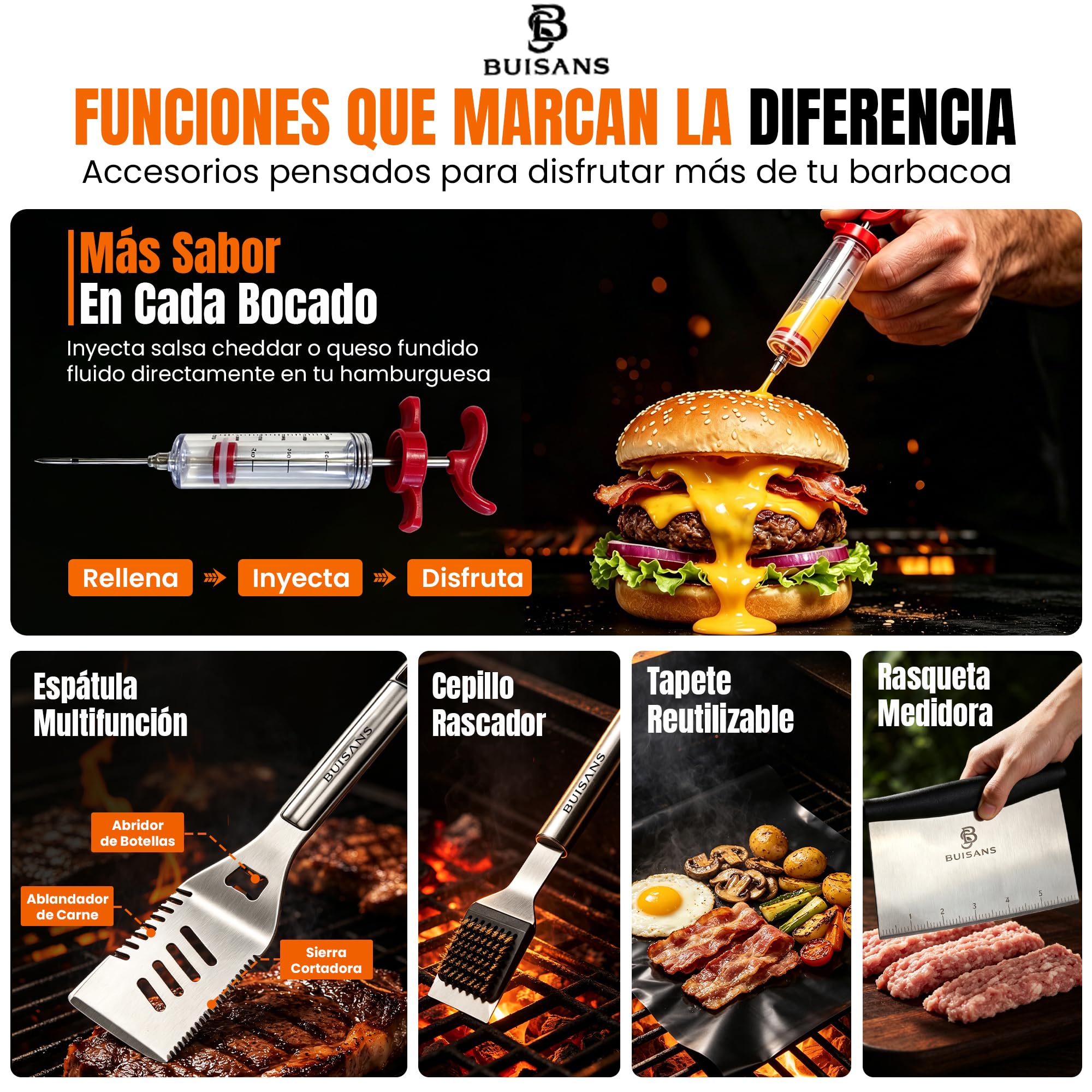Buisans - Kit da barbecue, 15 pezzi, con custodia, utensili da barbecue in