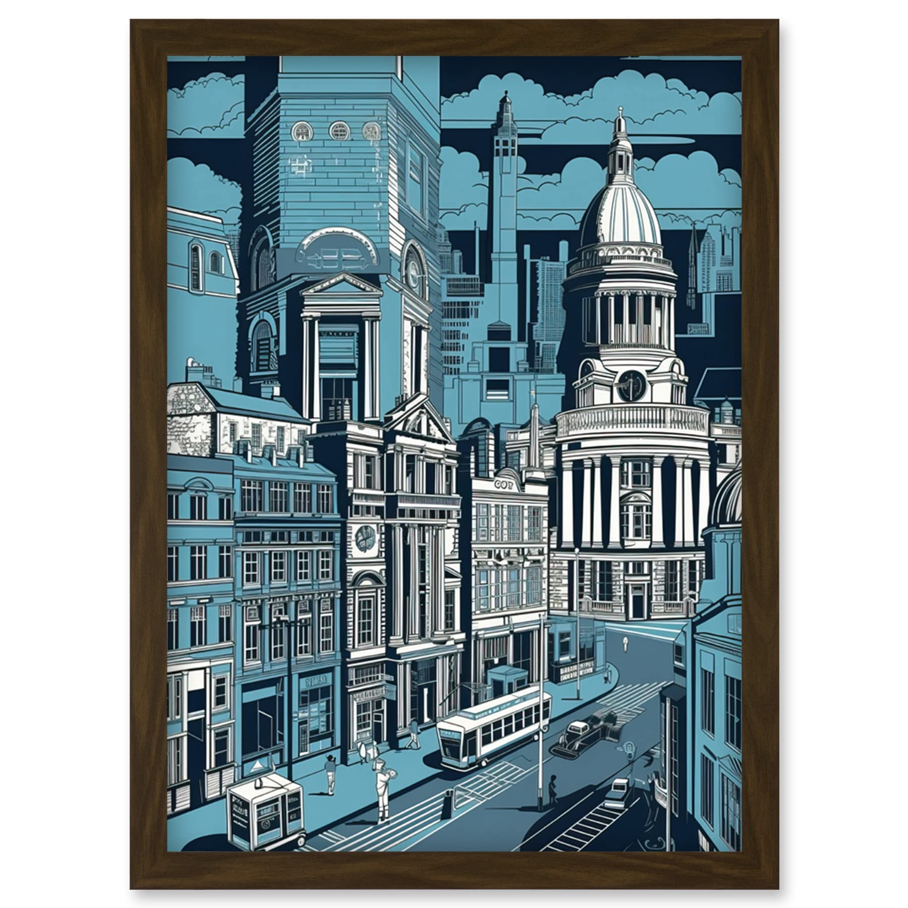 Artery8 Belfast Cityscape City Centre Hall Linocut Style Artwork Framed Wall Art Print A4