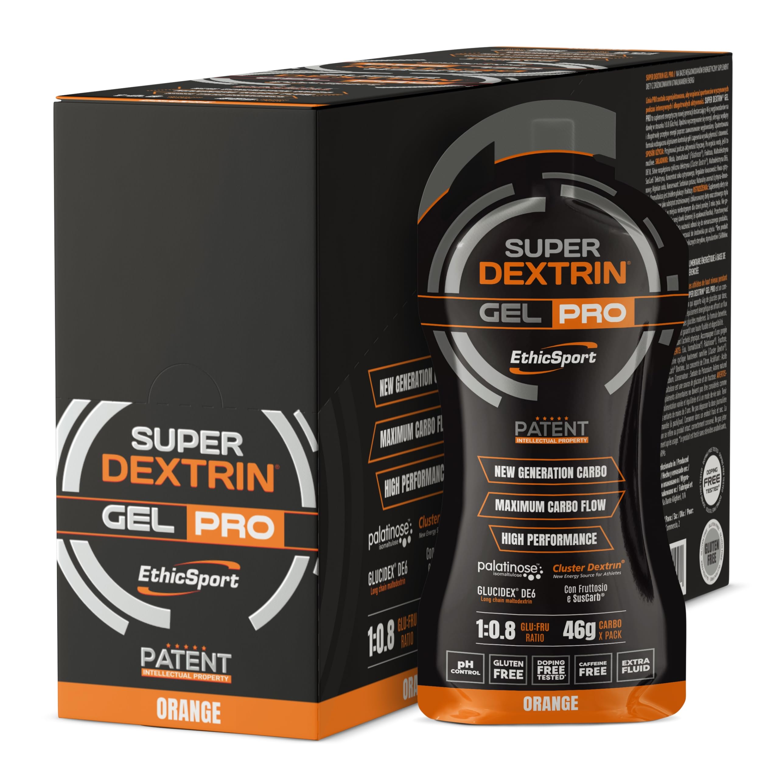 Super Dextrin GEL PRO EthicSport – Gel energetico con carboidrati evoluti 1:0,8 (Glu:Fru) da Cluster Dextrin, SusCarb, Palatinose e Fruttosio – Confezione da 15 x 60 ml - Gusto Arancia