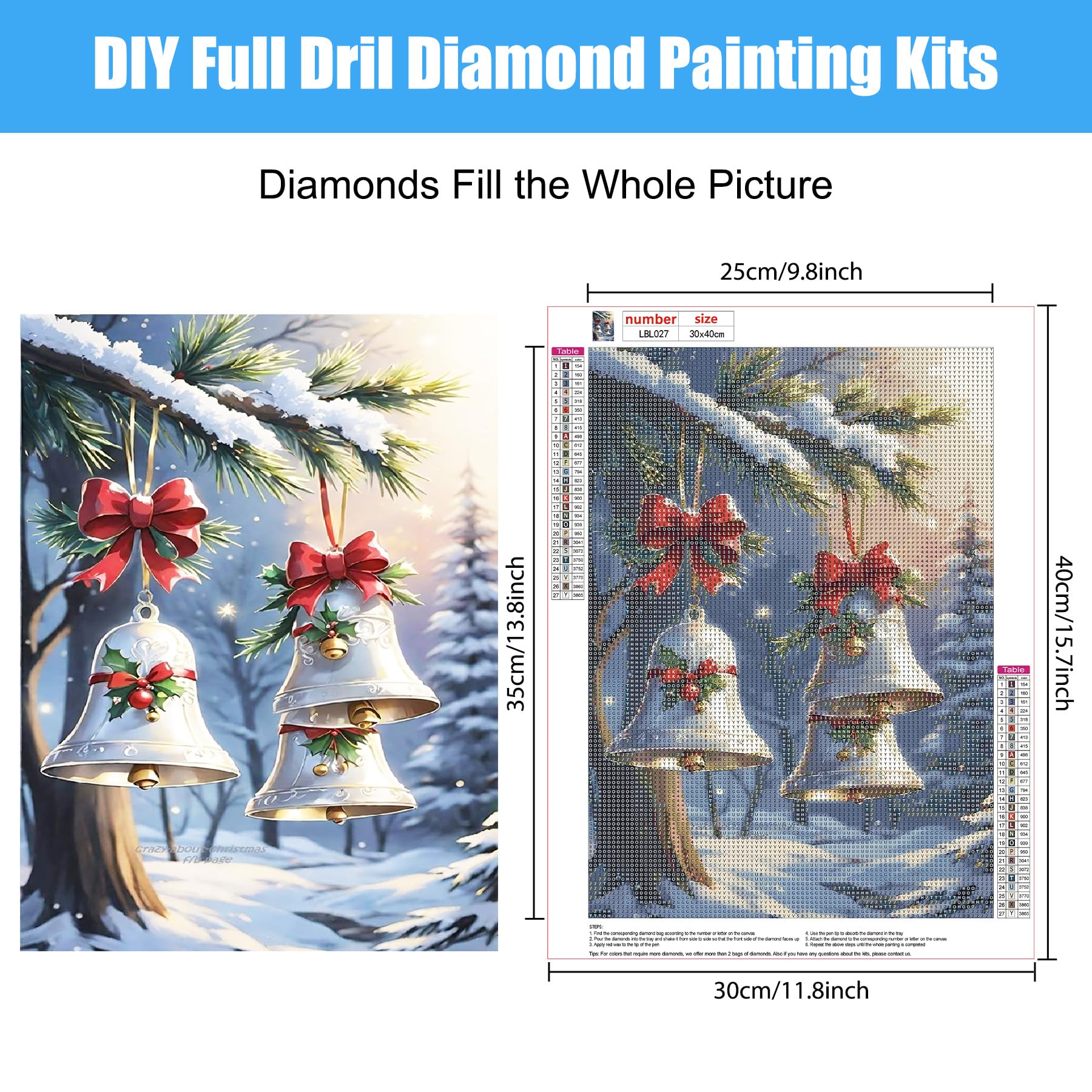 Bowetile Christmas Bells Diamond Painting Art Kits for Adults Full Drill Nightscape Painting Rhinestone Embroidery Pictures for Beginners 5D DIY Gem Arts Crafts for Home Wall Decor 30x40cm - Image 2