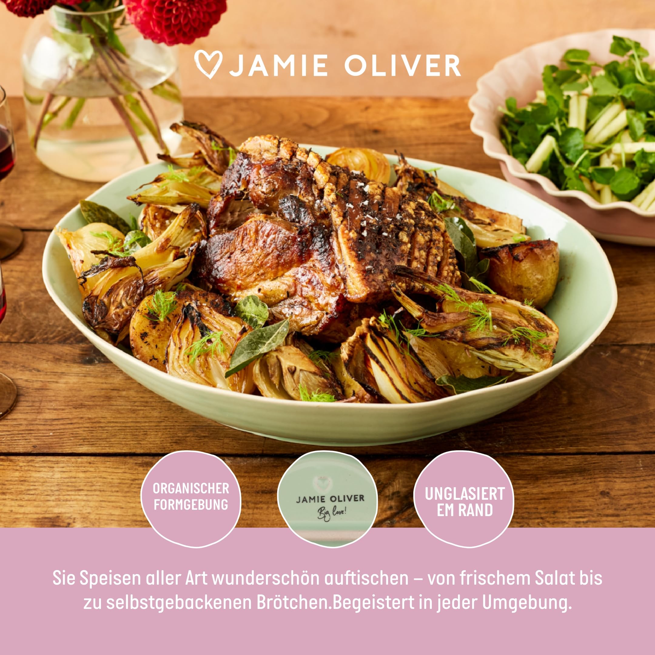 Jamie Oliver Big Love Schale, Tiefe Steingutschale für Currys & Salate, spülmaschinen- und mikrowellengeeignet, grün, 39x32 cm