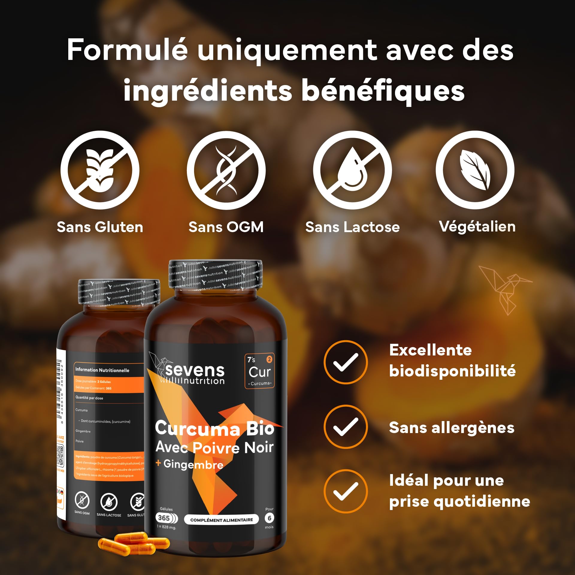 Curcuma Bio Gélule Anti Inflammatoire avec Gingembre et Poivre Noir – 1410 mg par Dose – 365 Gélules – Format XL Éco – Complément Articulations Os Vegan Naturel – Sevens