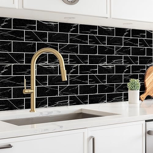 Miniatura 2 de StyloVue 100 piezas para despegar y pegar para cocina, azulejos de metro de PVC de 3 x 6 pulgadas 2023 mejorados Nero Marquina con lechada blanca