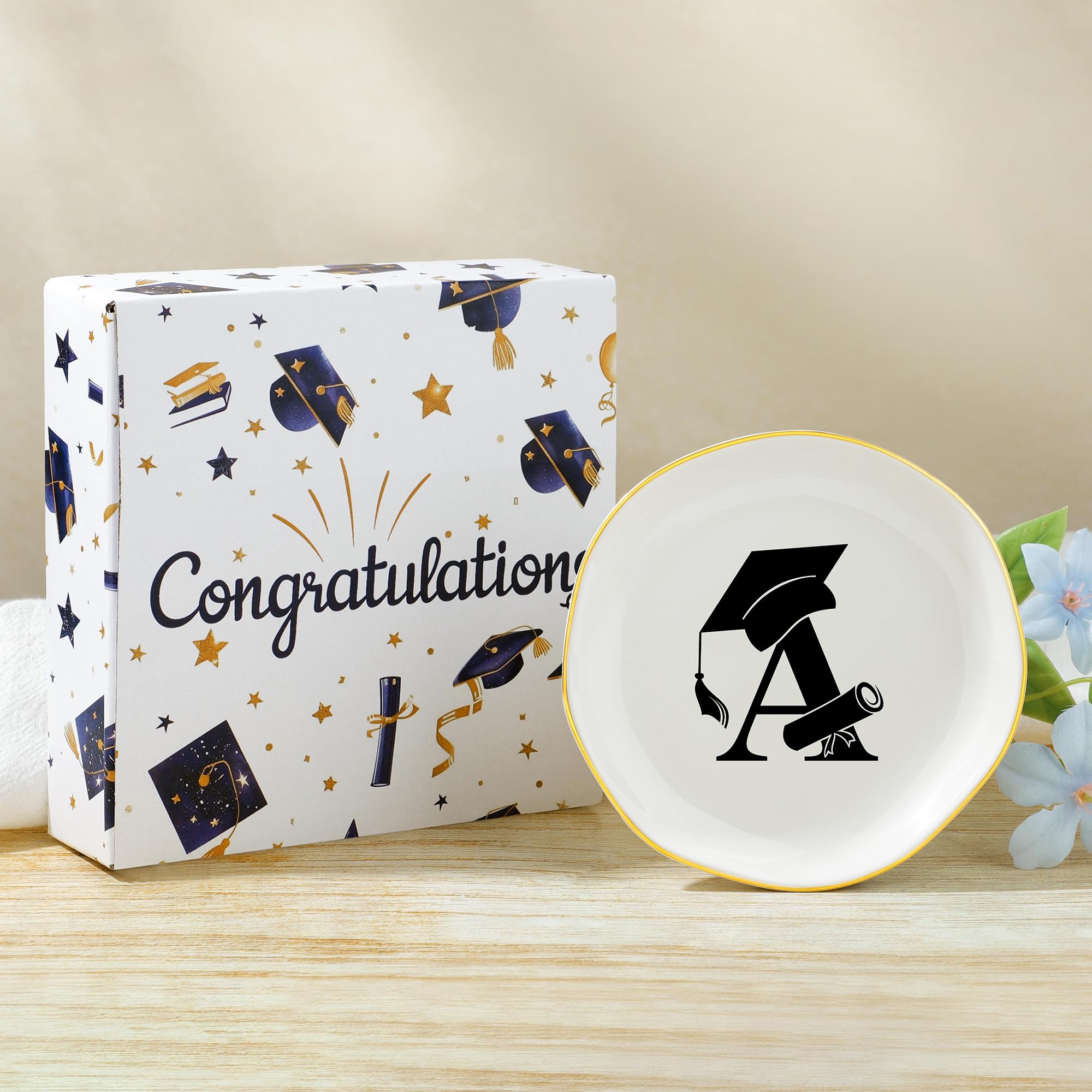 Graduation Gifts for Her, College High Senior Class of 2025 Graduate Gifts for Daughter Granddaughter Niece Women Ceramic Trinket Dish Jewelry Ring Holder Initial A