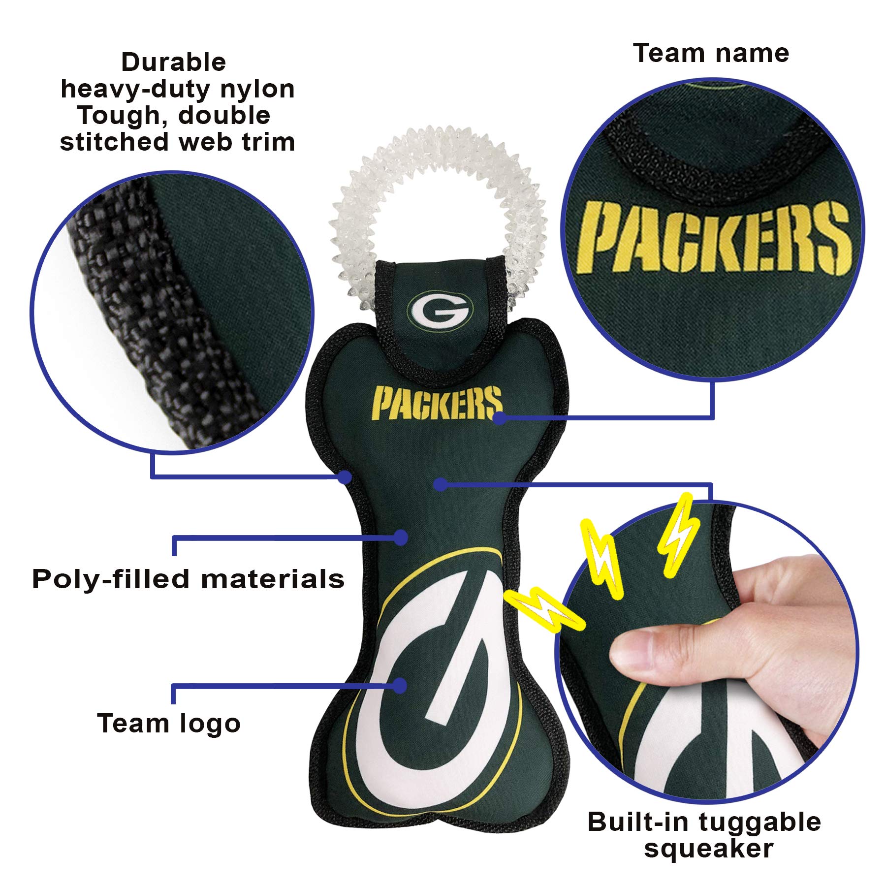 NFL Green BAY PACKERS DENTAL DOG ZABAWKA Z SQUEAKERem. Miękka zabawka PET dla zdrowej zabawy, ząbkowania i czyszczenia zębów i dziąseł zwierzęcia.