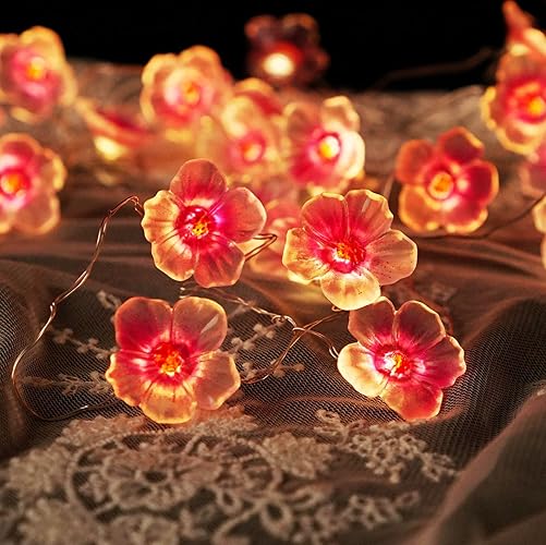 Cherry Blossom String Light, 13ft 40 LED Fairy Lights Pink Cherry Flower Battery Operated with Timer 8 Modes Lighting Indoor Decorative String Lights for Bedroom Wedding Party Decor