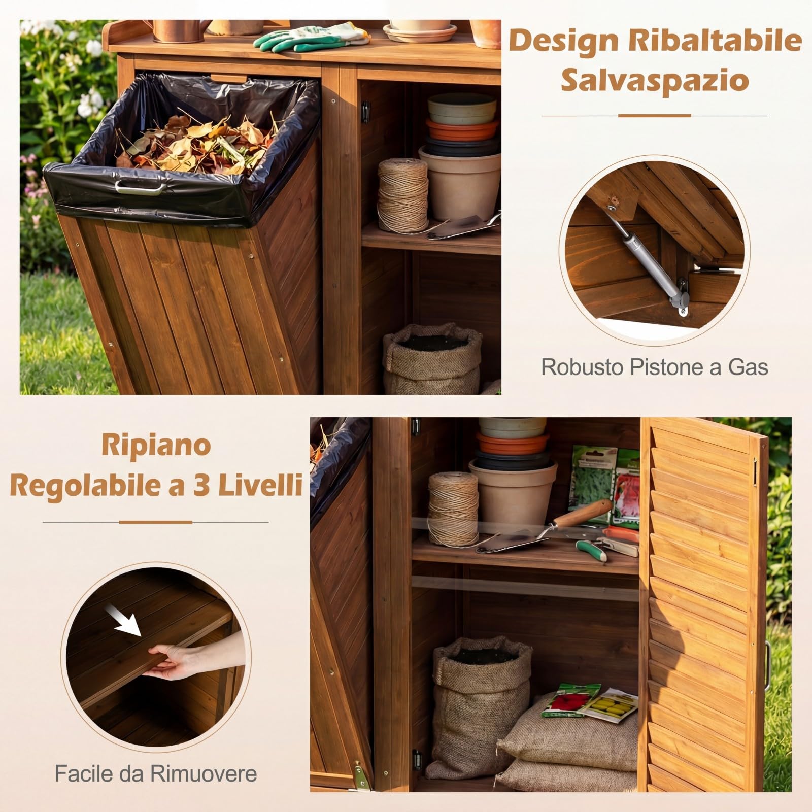 COSTWAY Tavolo da Giardinaggio, Armadietto da Esterno in Legno Massello con Ripostiglio, Ripiani Rimovibili e 2 Ante, Tavolo da Lavoro per Piante da Giardino, Prato e Cortile